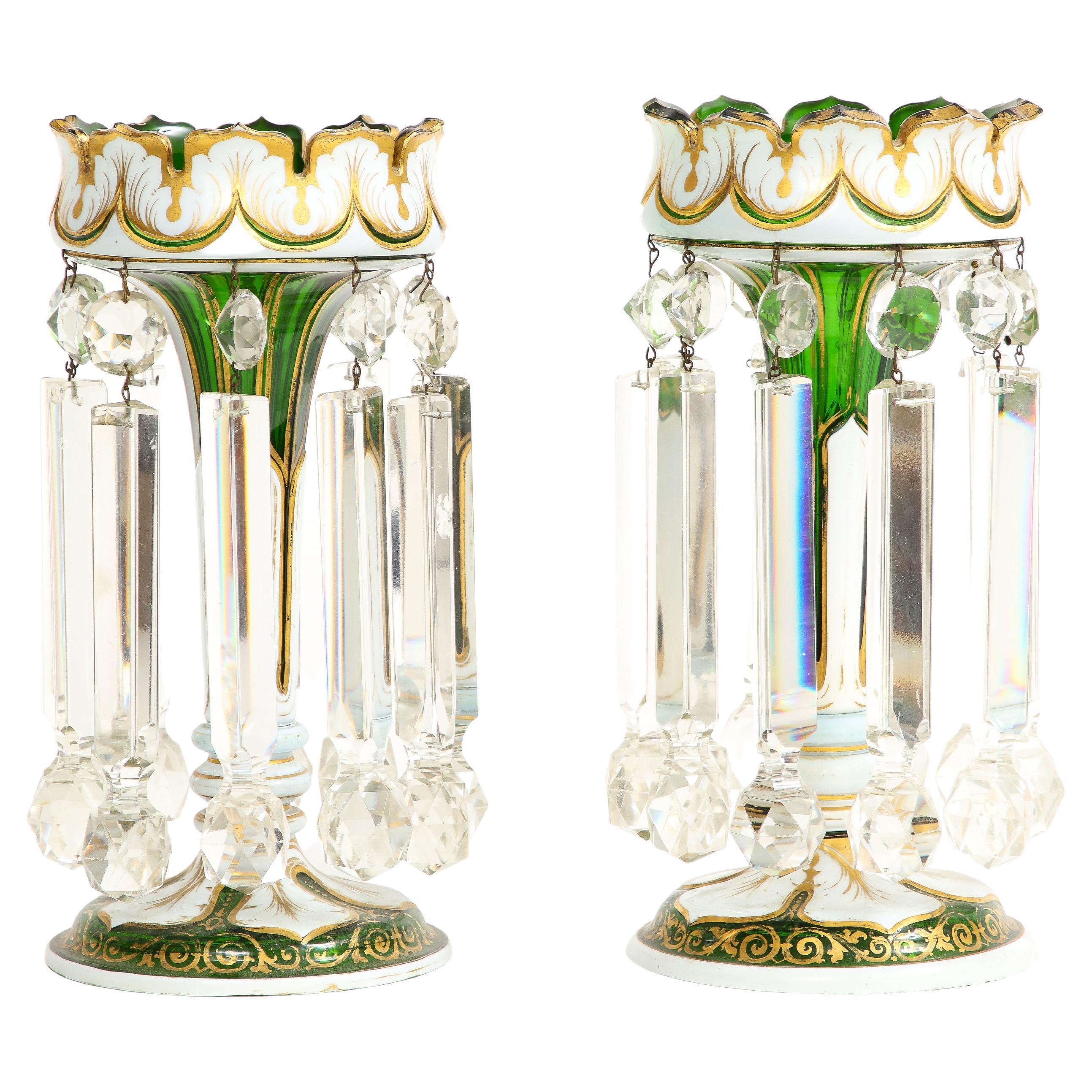 Pair French Attr. Baccarat Double Overlay White to Green Cut Crystal Lusters