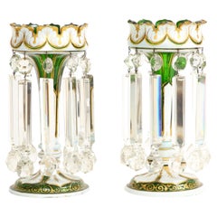 Pair French Attr. Baccarat Double Overlay White to Green Cut Crystal Lusters