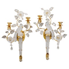 Pr. French Baguès style Rock Crystal& Gilt Double Light Wall Appliques/Sconces