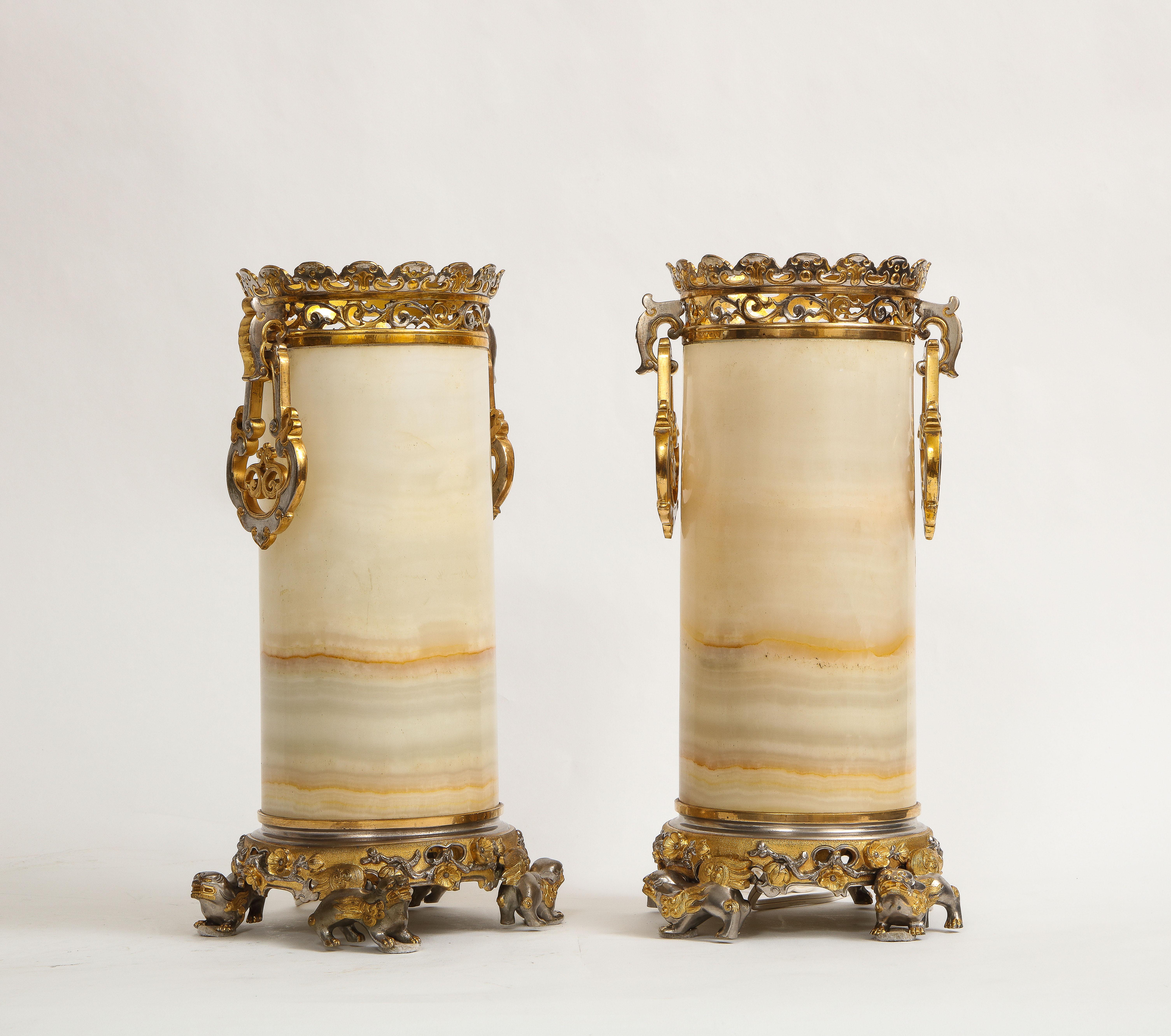 Pr French Chinoiserie Silvered & Dore Bronze Mounted Honey Alabaster Vases/Lamps In Good Condition For Sale In New York, NY