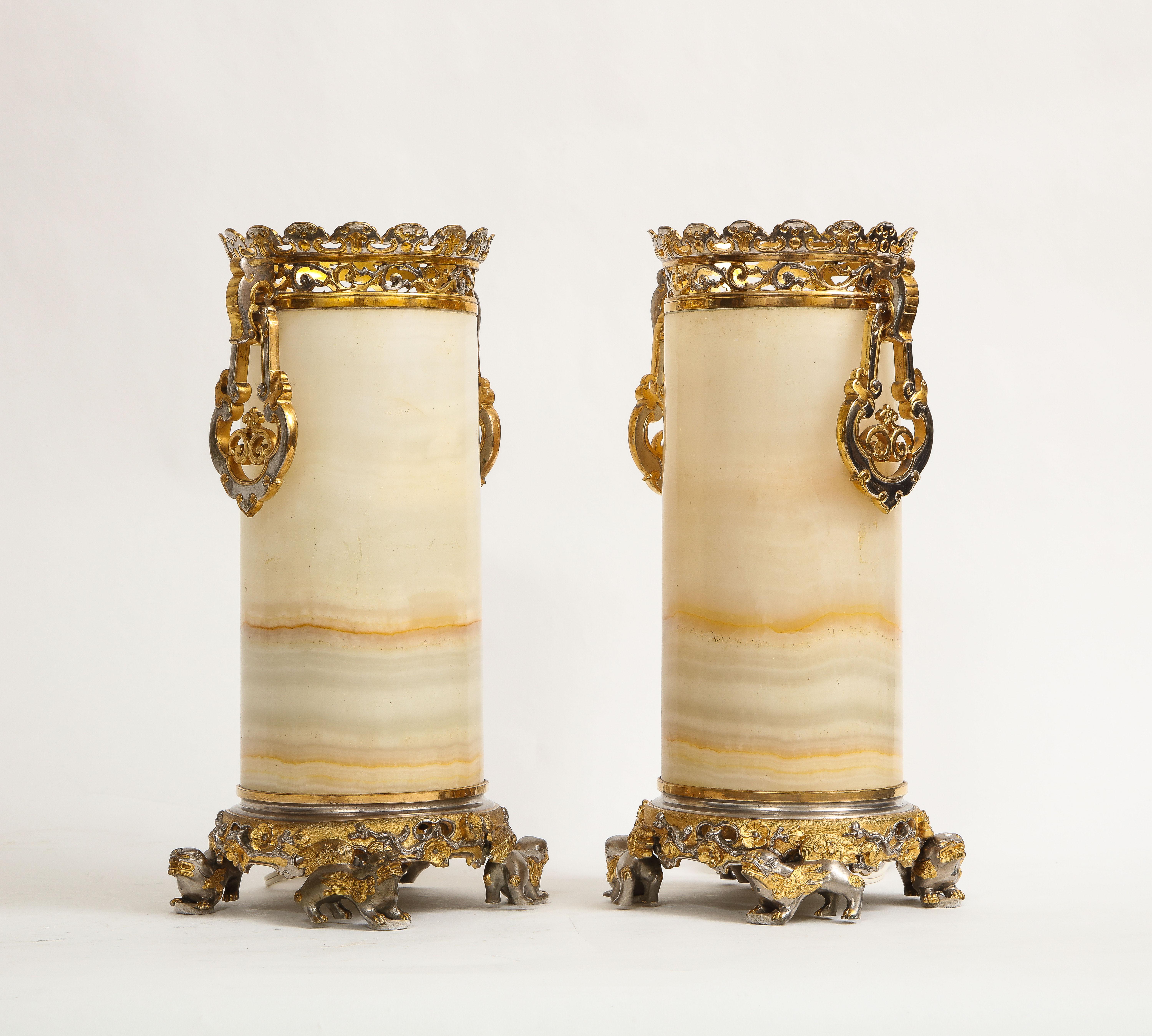 Late 19th Century Pr French Chinoiserie Silvered & Dore Bronze Mounted Honey Alabaster Vases/Lamps For Sale