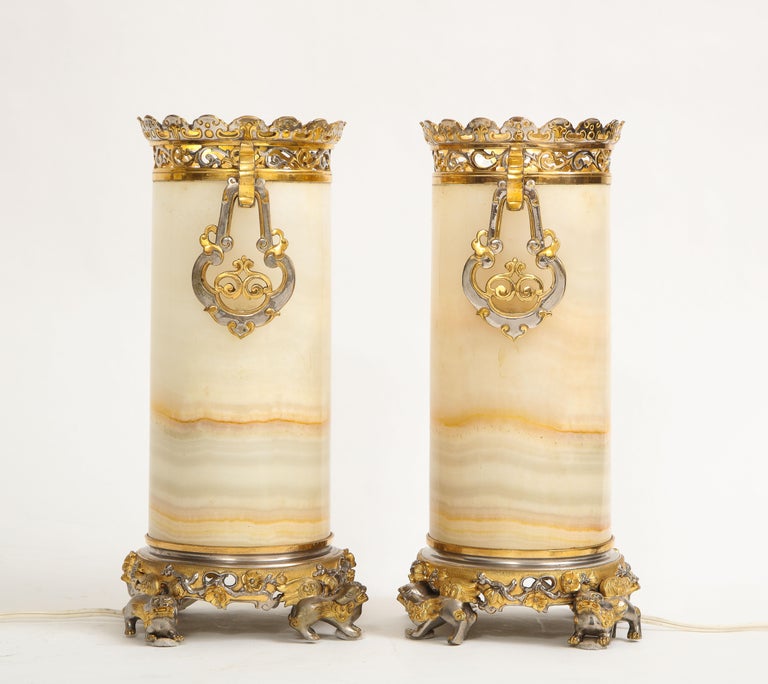 Late 19th Century Pr French Chinoiserie Silvered & Dore Bronze Mounted Honey Alabaster Vases/Lamps For Sale