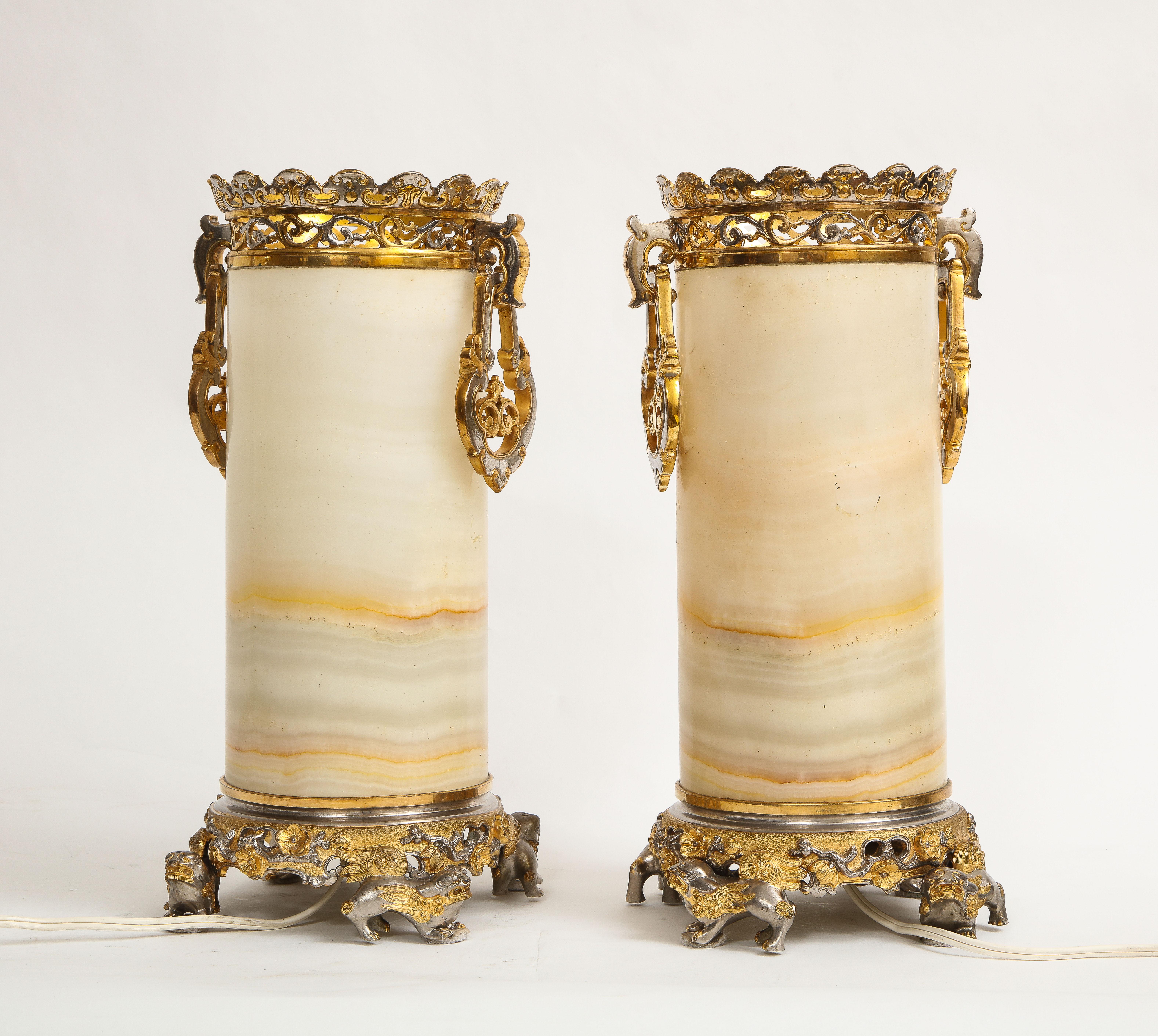 Pr French Chinoiserie Silvered & Dore Bronze Mounted Honey Alabaster Vases/Lamps For Sale 2