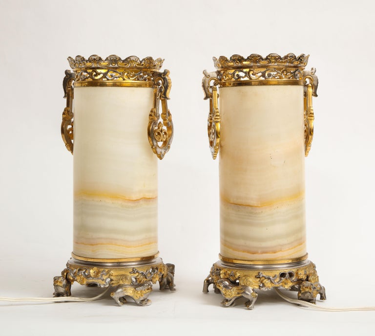 Pr French Chinoiserie Silvered & Dore Bronze Mounted Honey Alabaster Vases/Lamps For Sale 1