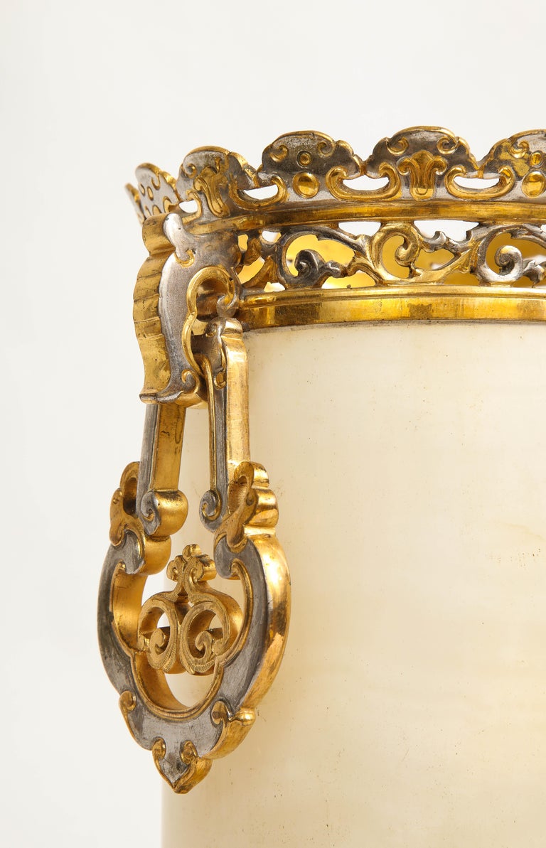 Pr French Chinoiserie Silvered & Dore Bronze Mounted Honey Alabaster Vases/Lamps For Sale 2