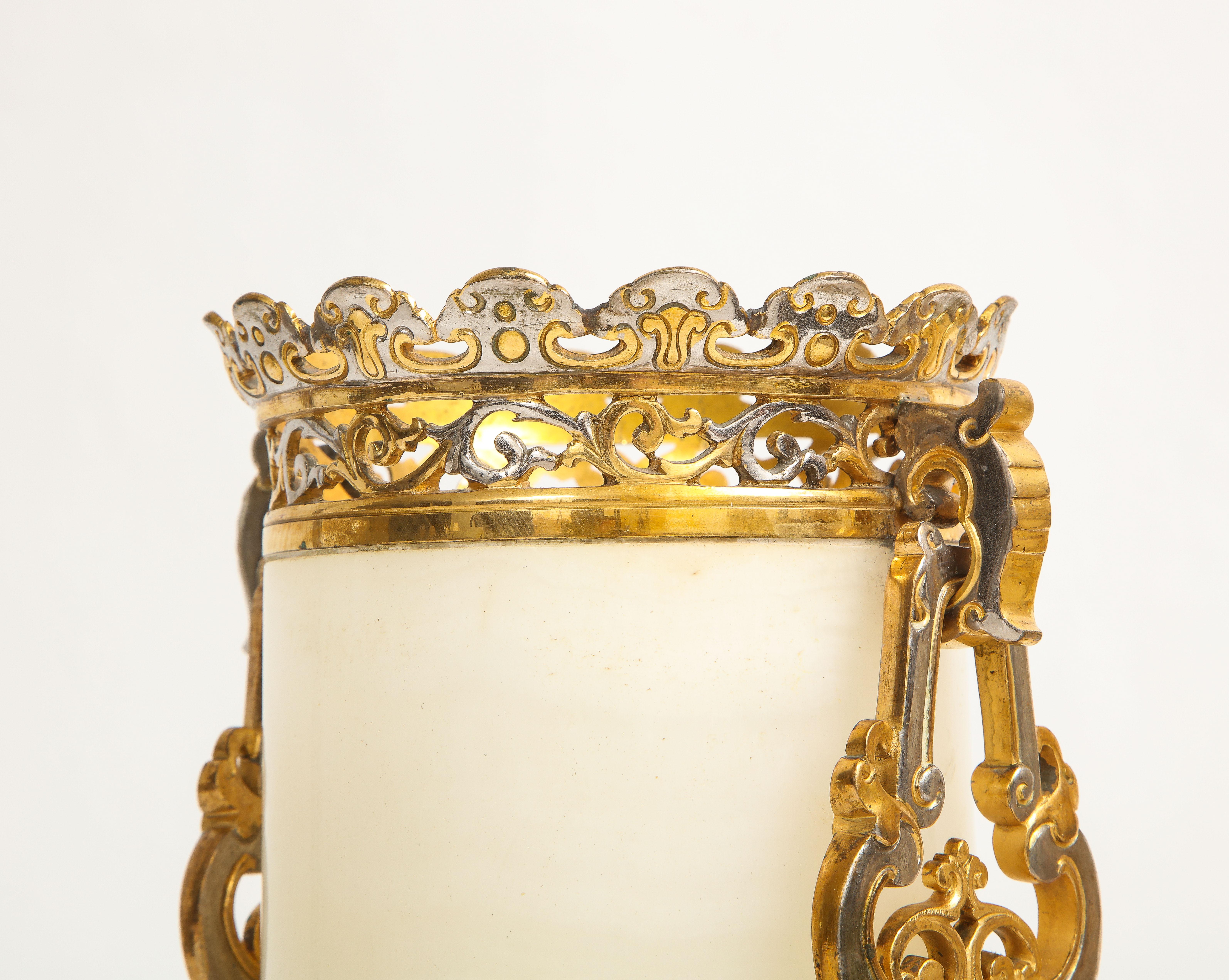 Pr French Chinoiserie Silvered & Dore Bronze Mounted Honey Alabaster Vases/Lamps For Sale 4