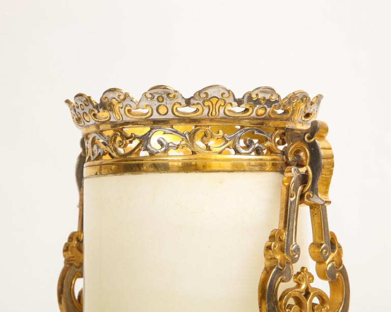 Pr French Chinoiserie Silvered & Dore Bronze Mounted Honey Alabaster Vases/Lamps For Sale 4