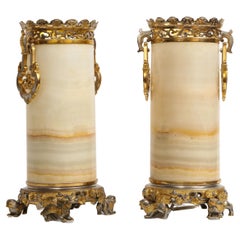Pr French Chinoiserie Silvered & Dore Bronze Mounted Honey Alabaster Vases/Lamps