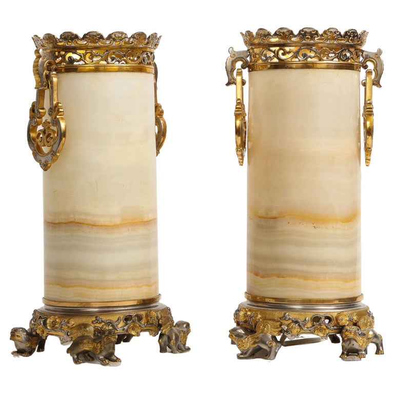 Pr French Chinoiserie Silvered & Dore Bronze Mounted Honey Alabaster Vases/Lamps For Sale