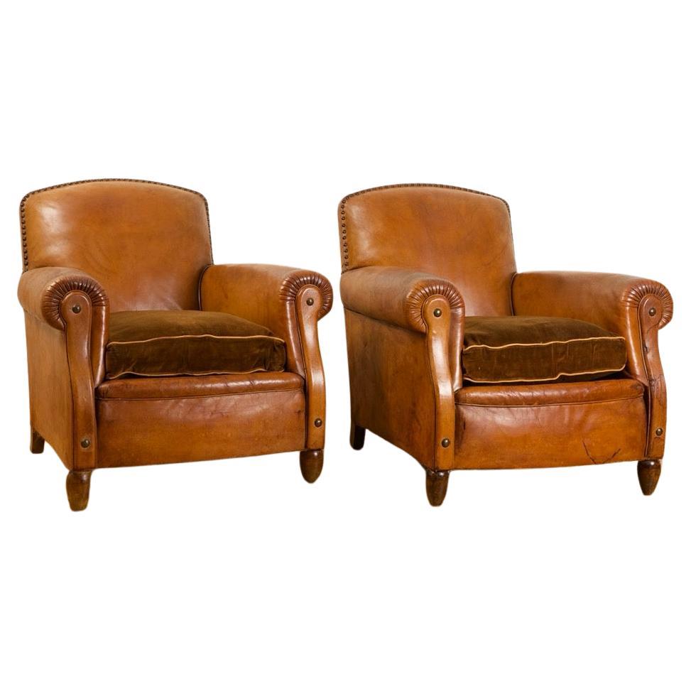 Pr. French Early Art Deco Leather Upholstered Club Bergeres, ca. 1935