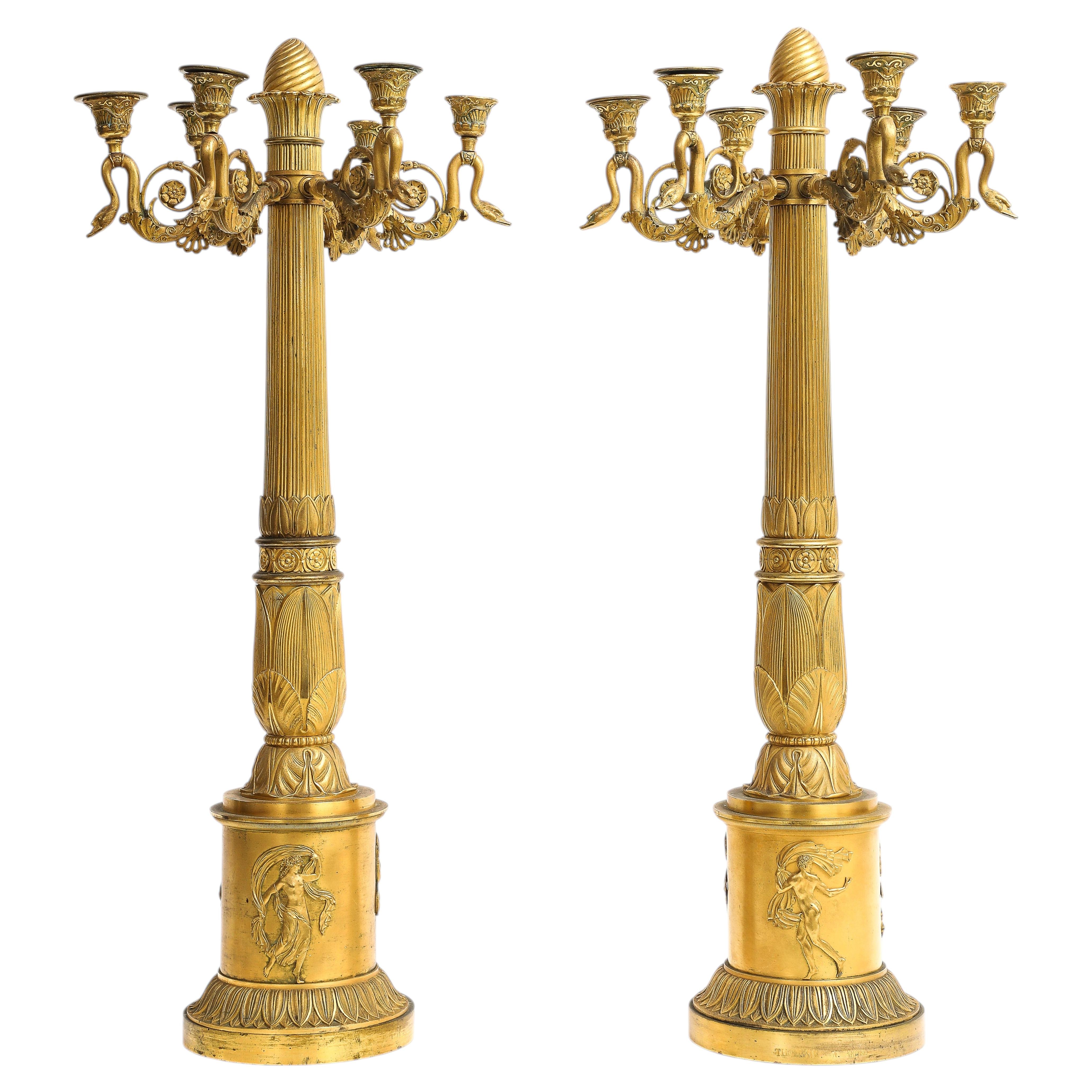 Pr. French Empire Dore Bronze 6-Light Candelabra w Swans, signed Thomire a Paris For Sale