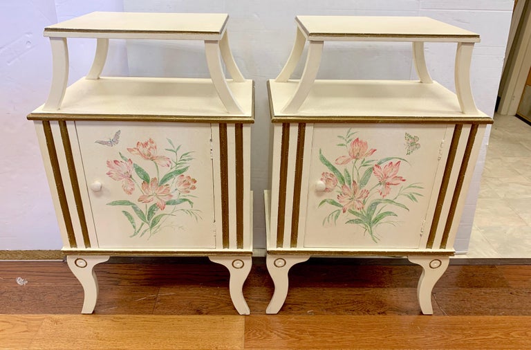 Pair of French Floral Painted Nightstands Bedside Tables at 1stDibs