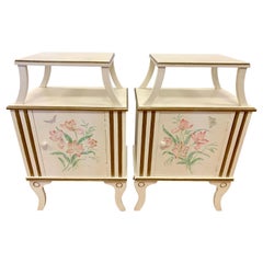 Pair of French Floral Painted Nightstands Bedside Tables