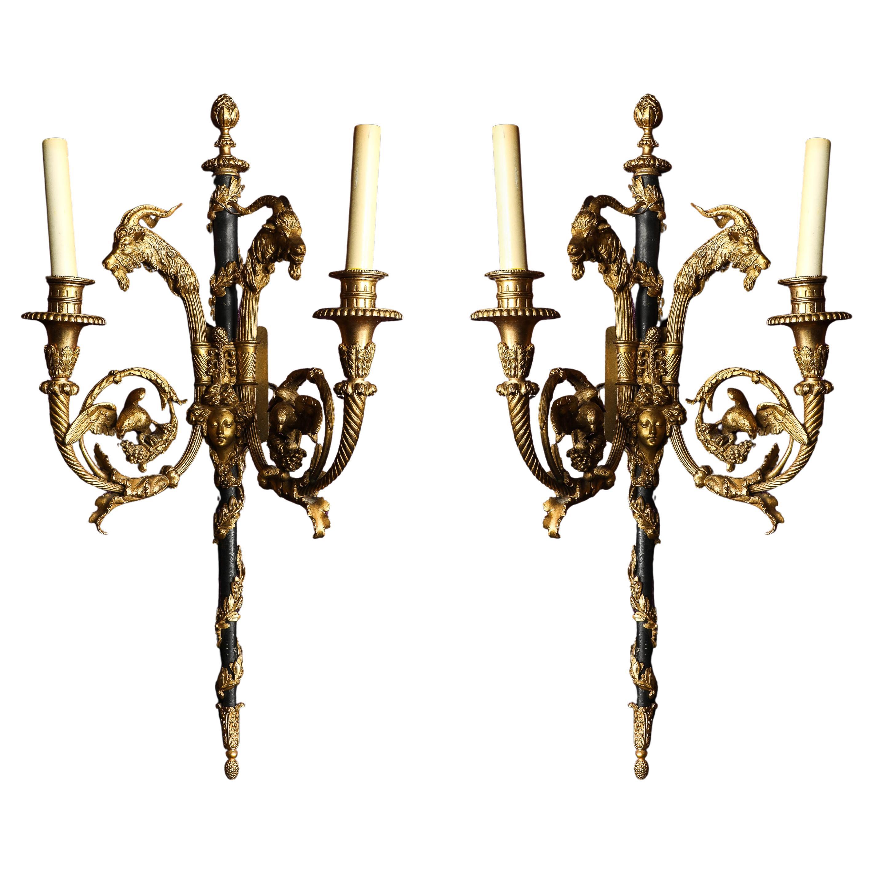 Pr. French Louis XVI Dore Bronze Patinated 2-Light Sconces, att. Théodore Millet For Sale