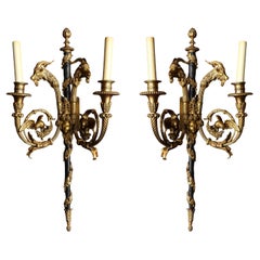 Pr. Appliques à 2 lumières en bronze patiné Louis XVI Dore, att. Théodore Millet