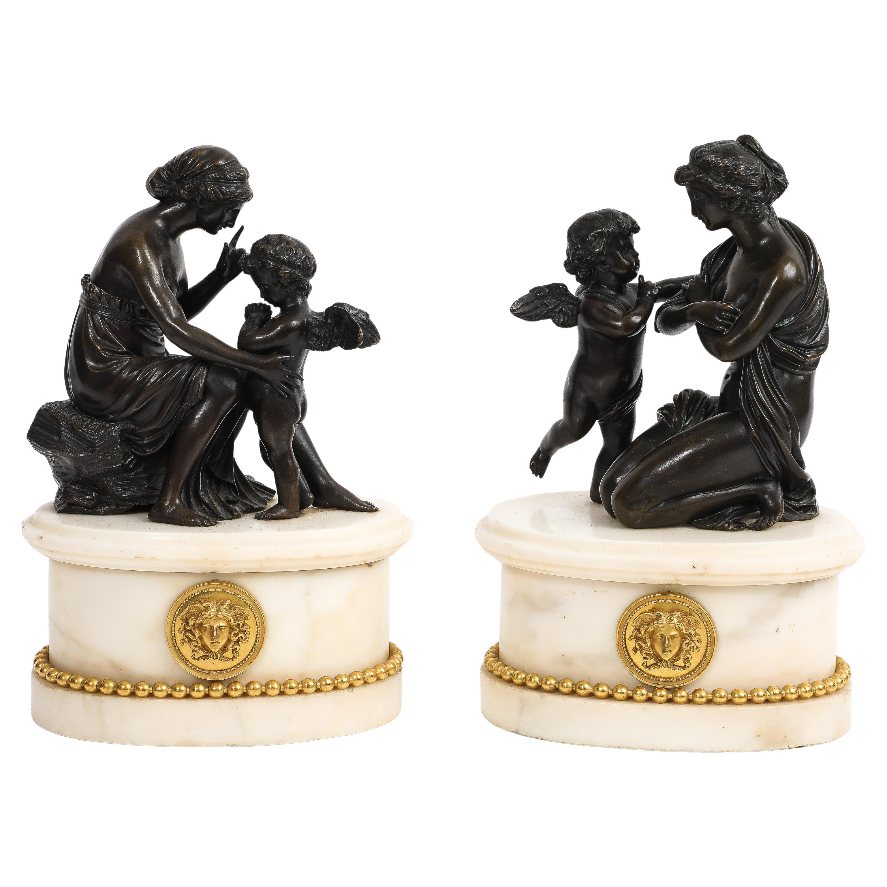 Pr French Louis XVI Patinated & Dore Bronze Cupid/Psyche groups w/ Medusa Masks