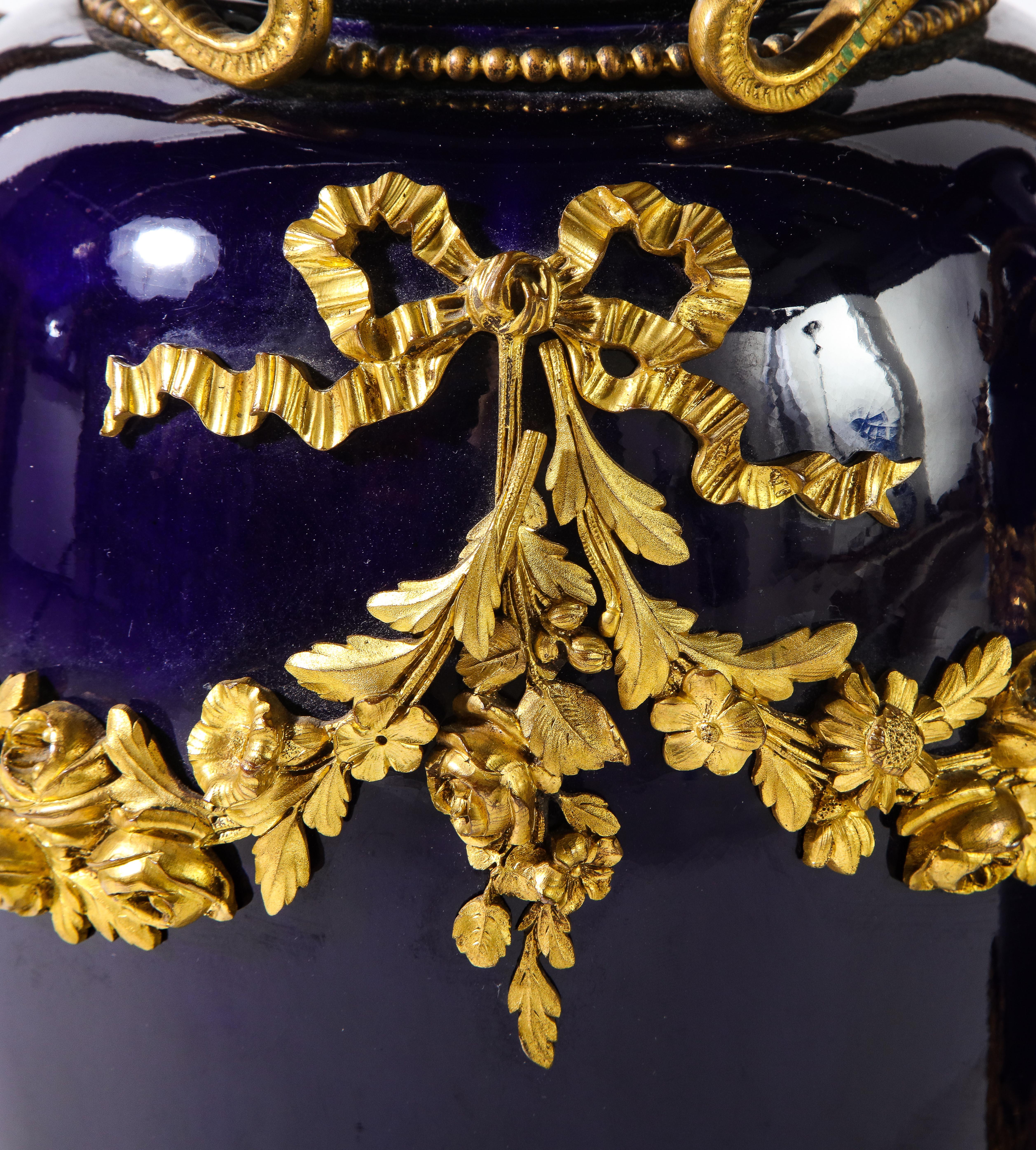 Pr. French Louis XVI Sevres Style Cobalt Blue Porcelain & Dore Bronze Mnt. Vases For Sale 2