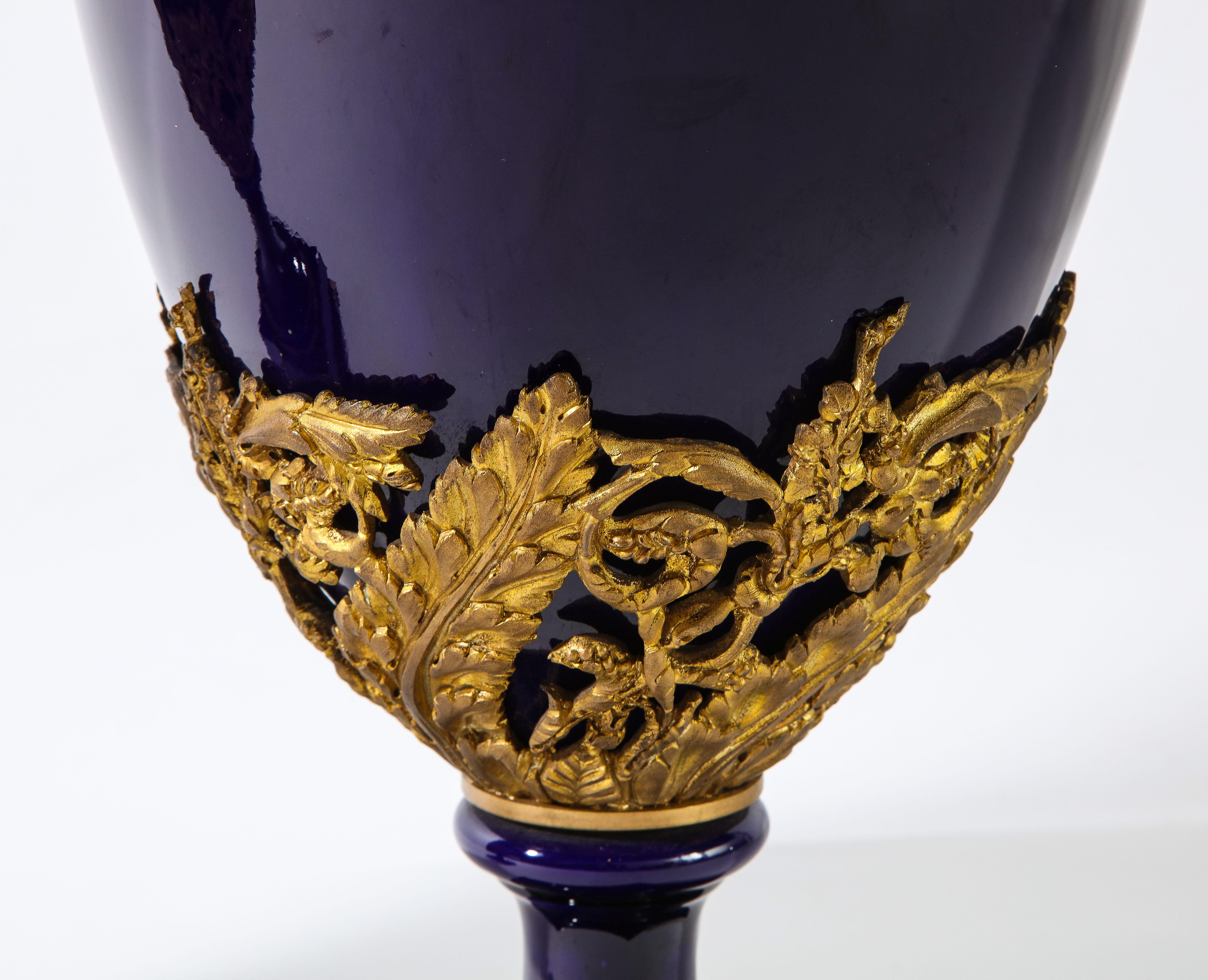Pr. French Louis XVI Sevres Style Cobalt Blue Porcelain & Dore Bronze Mnt. Vases For Sale 6