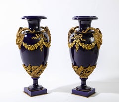 Pr. French Louis XVI Sevres Style Cobalt Blue Porcelain & Dore Bronze Mnt. Vases