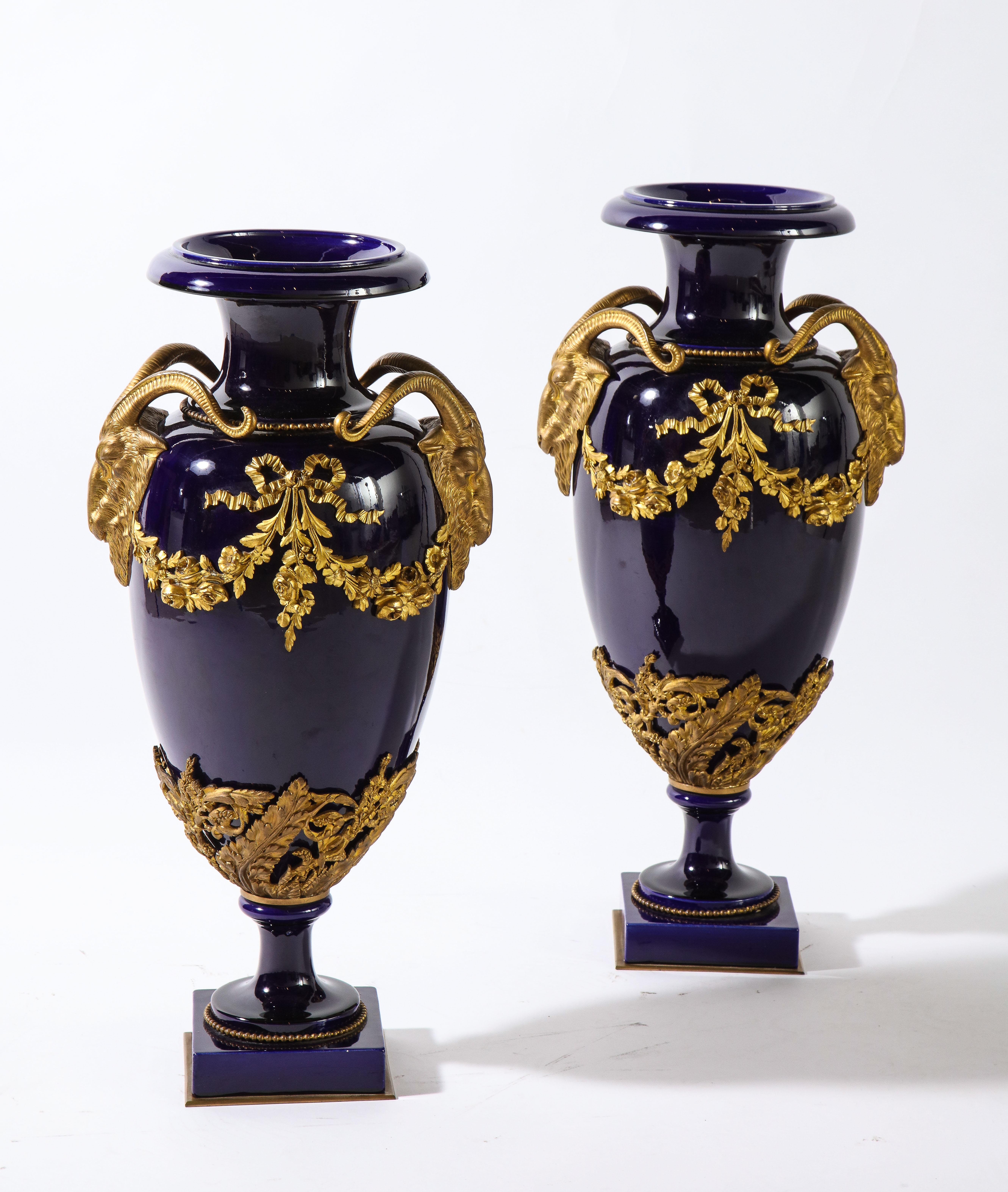 Hand-Carved Pr. French Louis XVI Sevres Style Cobalt Blue Porcelain & Dore Bronze Mnt. Vases For Sale