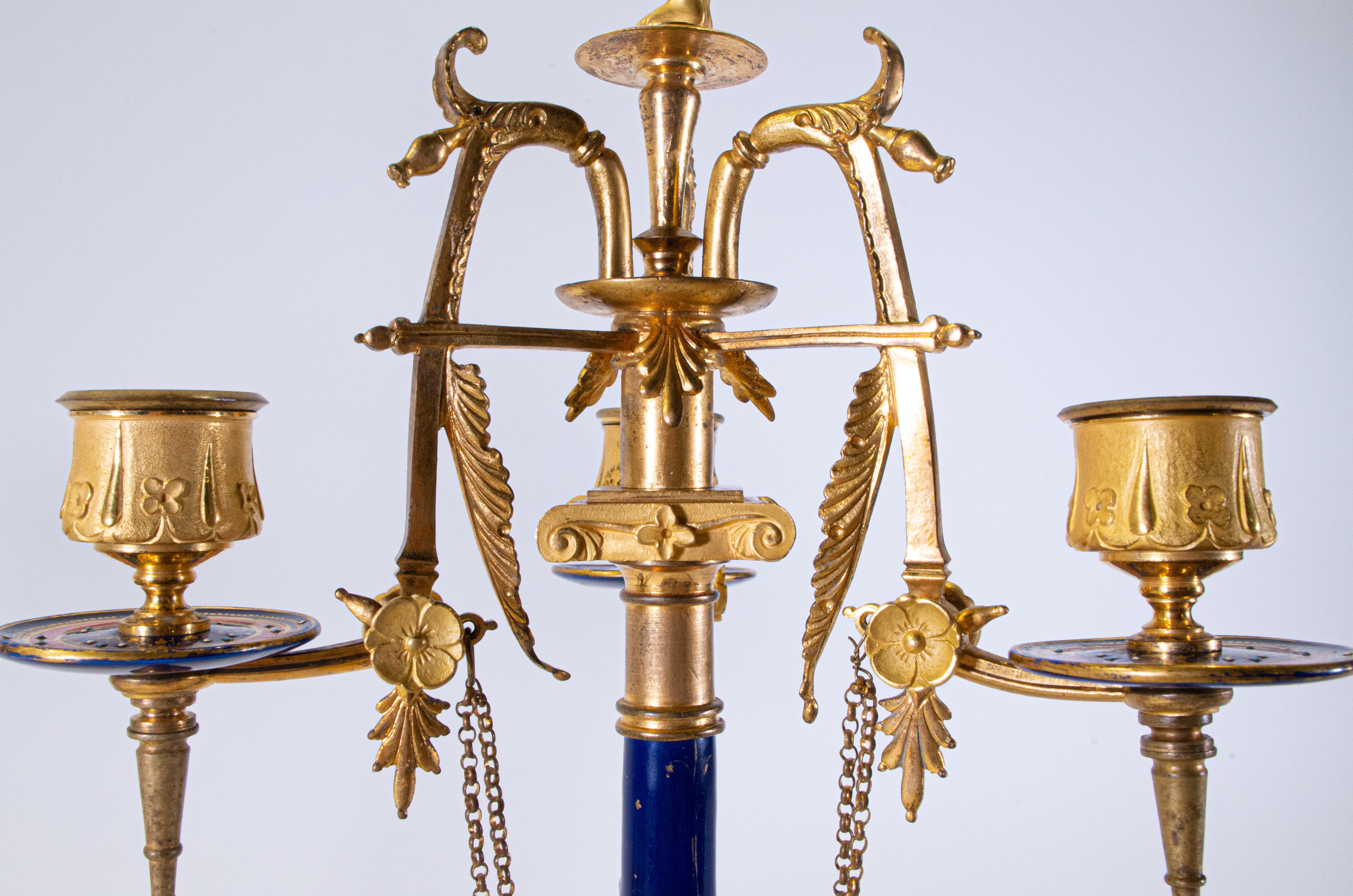 Pair of Neo-Grec Style 3-Arm Dore Bronze and Enamel Candelabras, F. Levillain For Sale 3