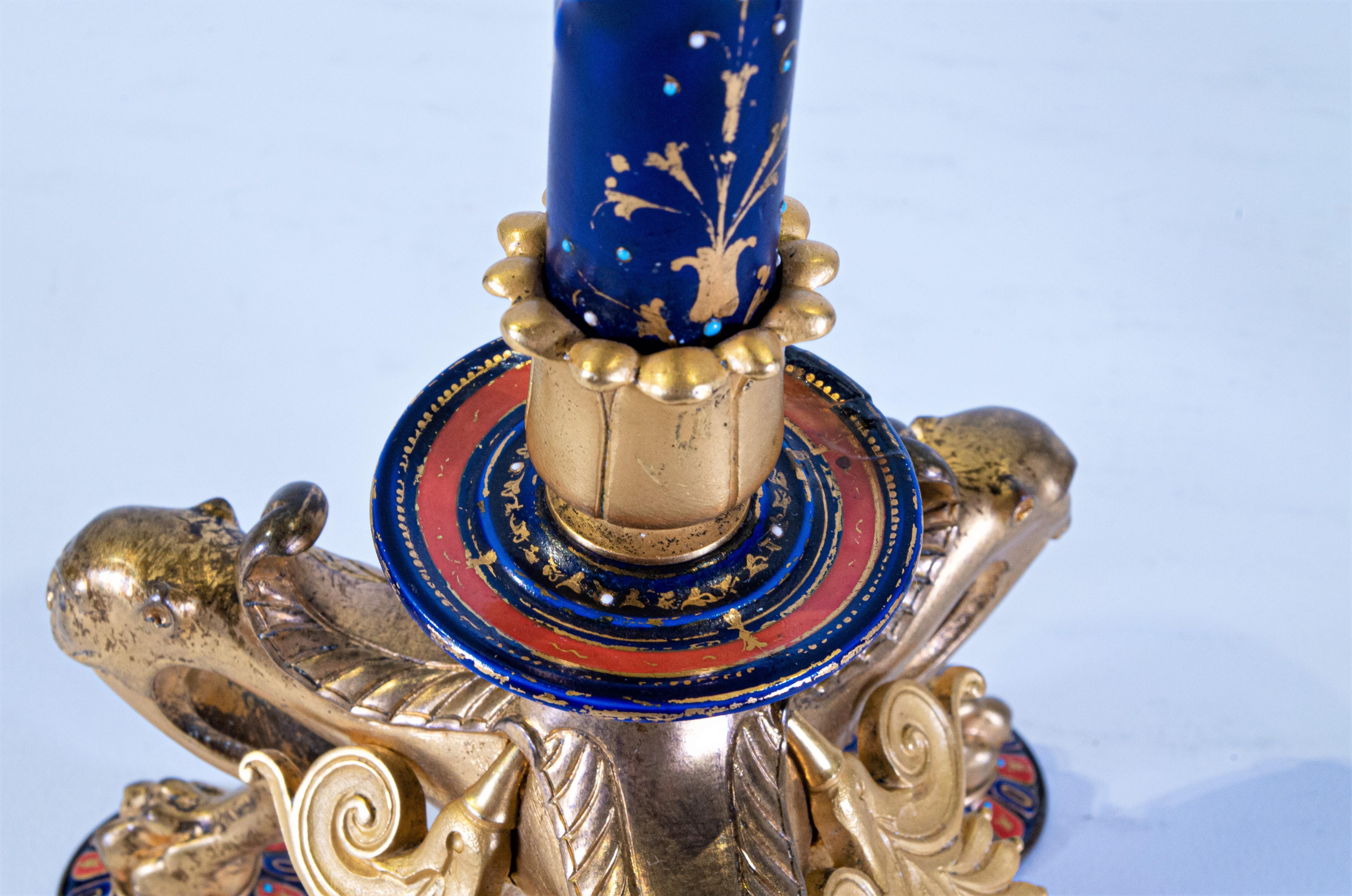 Pair of Neo-Grec Style 3-Arm Dore Bronze and Enamel Candelabras, F. Levillain For Sale 5
