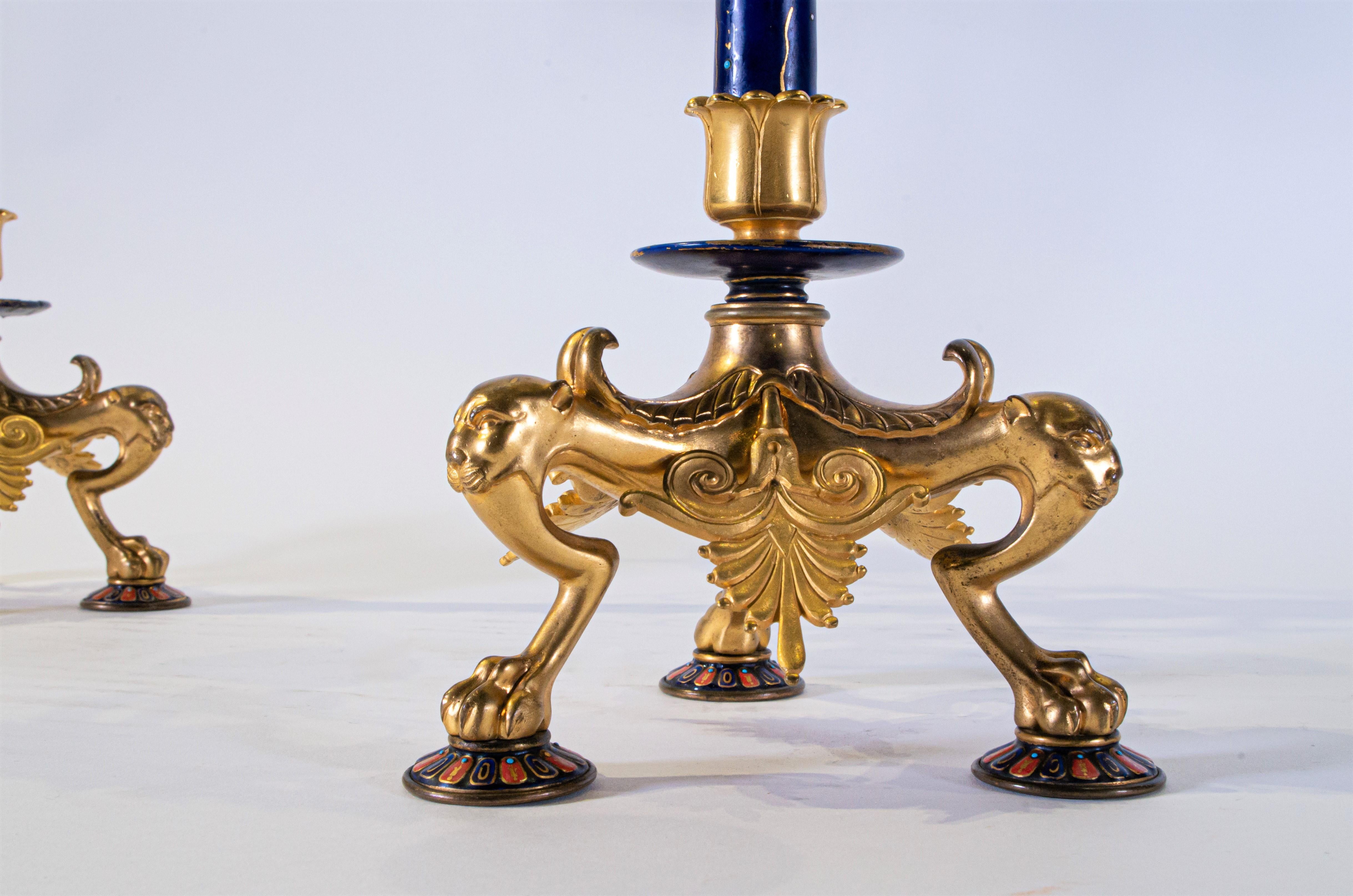 Pair of Neo-Grec Style 3-Arm Dore Bronze and Enamel Candelabras, F. Levillain For Sale 8