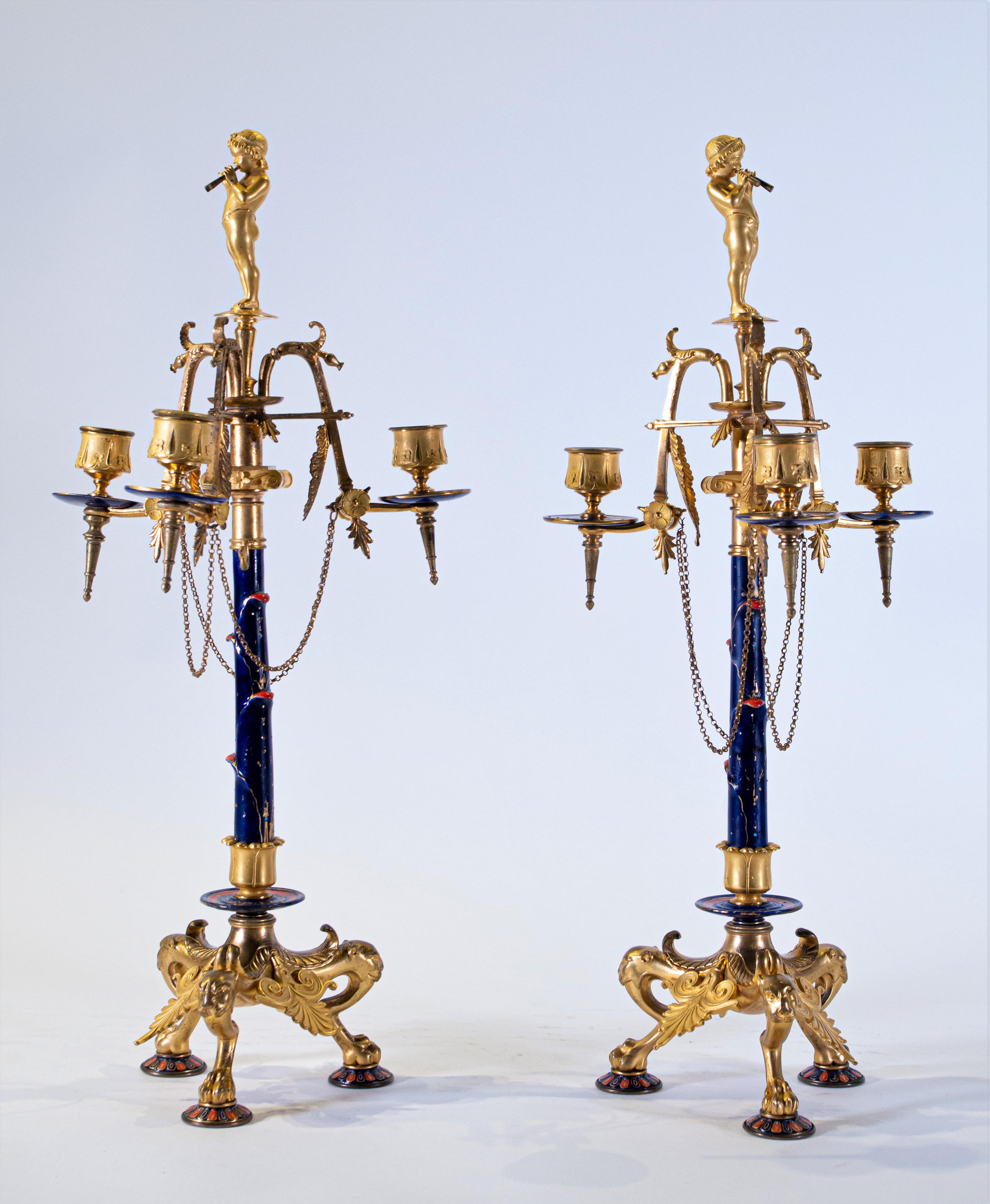 Greco Roman Pair of Neo-Grec Style 3-Arm Dore Bronze and Enamel Candelabras, F. Levillain For Sale