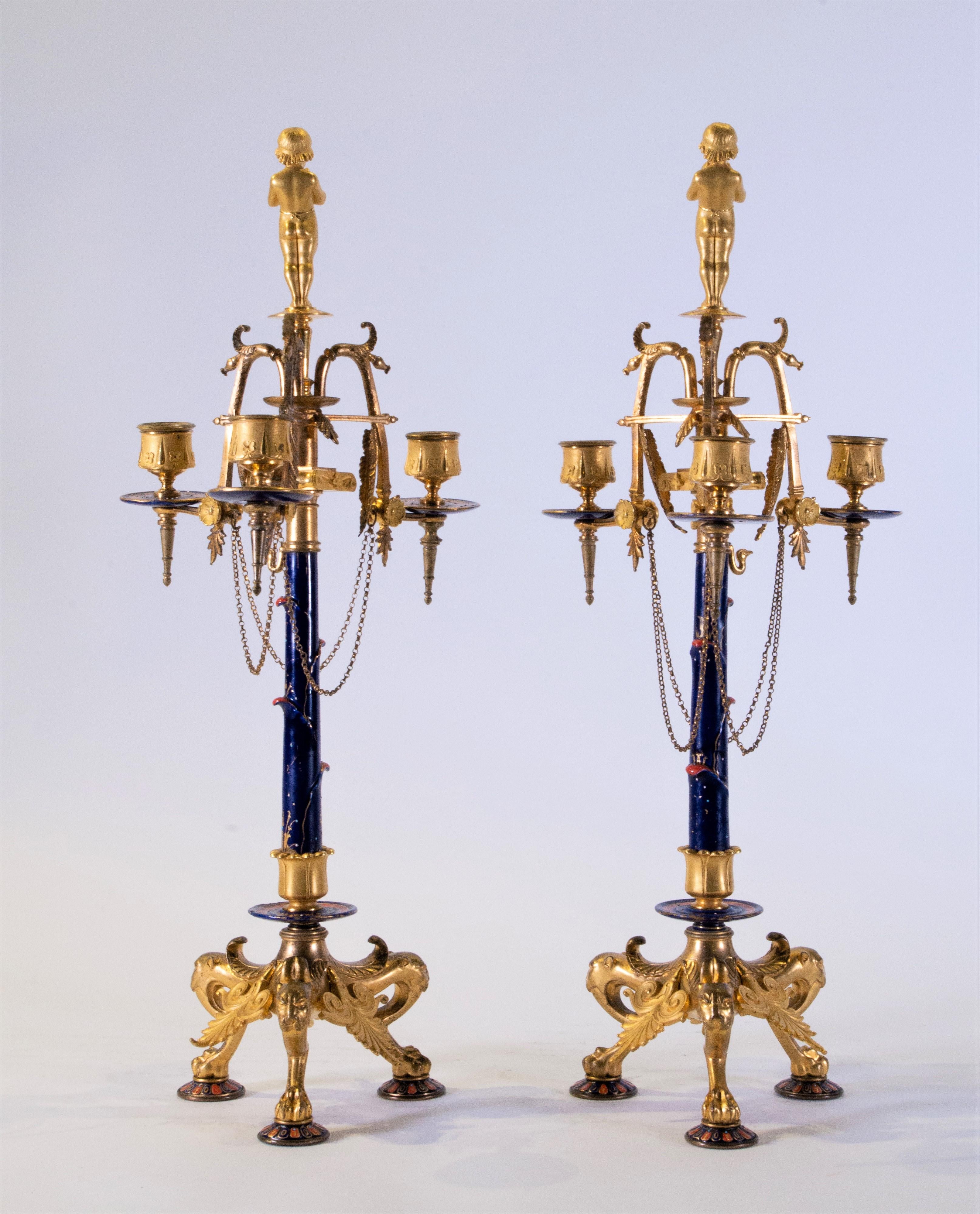French Pair of Neo-Grec Style 3-Arm Dore Bronze and Enamel Candelabras, F. Levillain For Sale