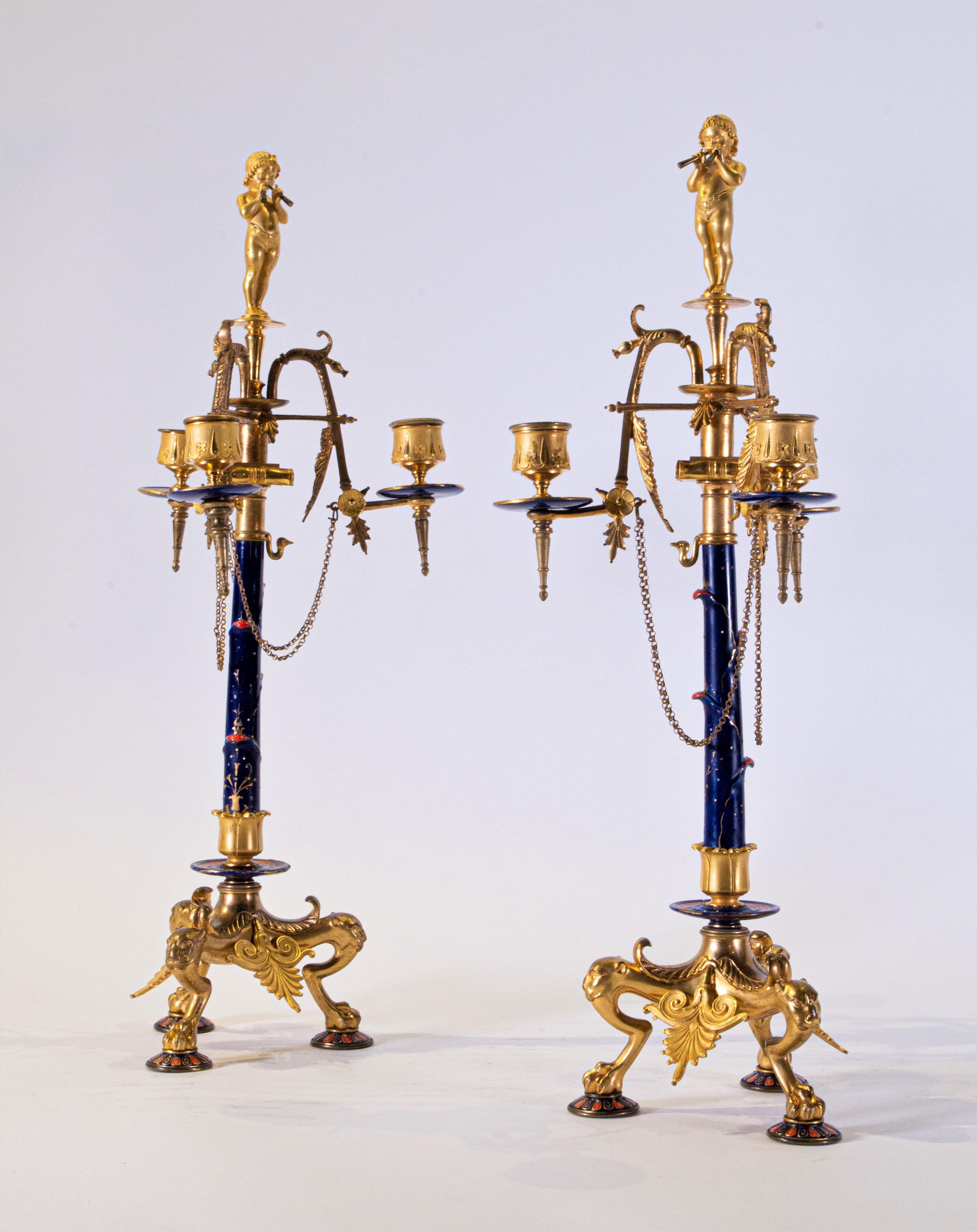 Enameled Pair of Neo-Grec Style 3-Arm Dore Bronze and Enamel Candelabras, F. Levillain For Sale