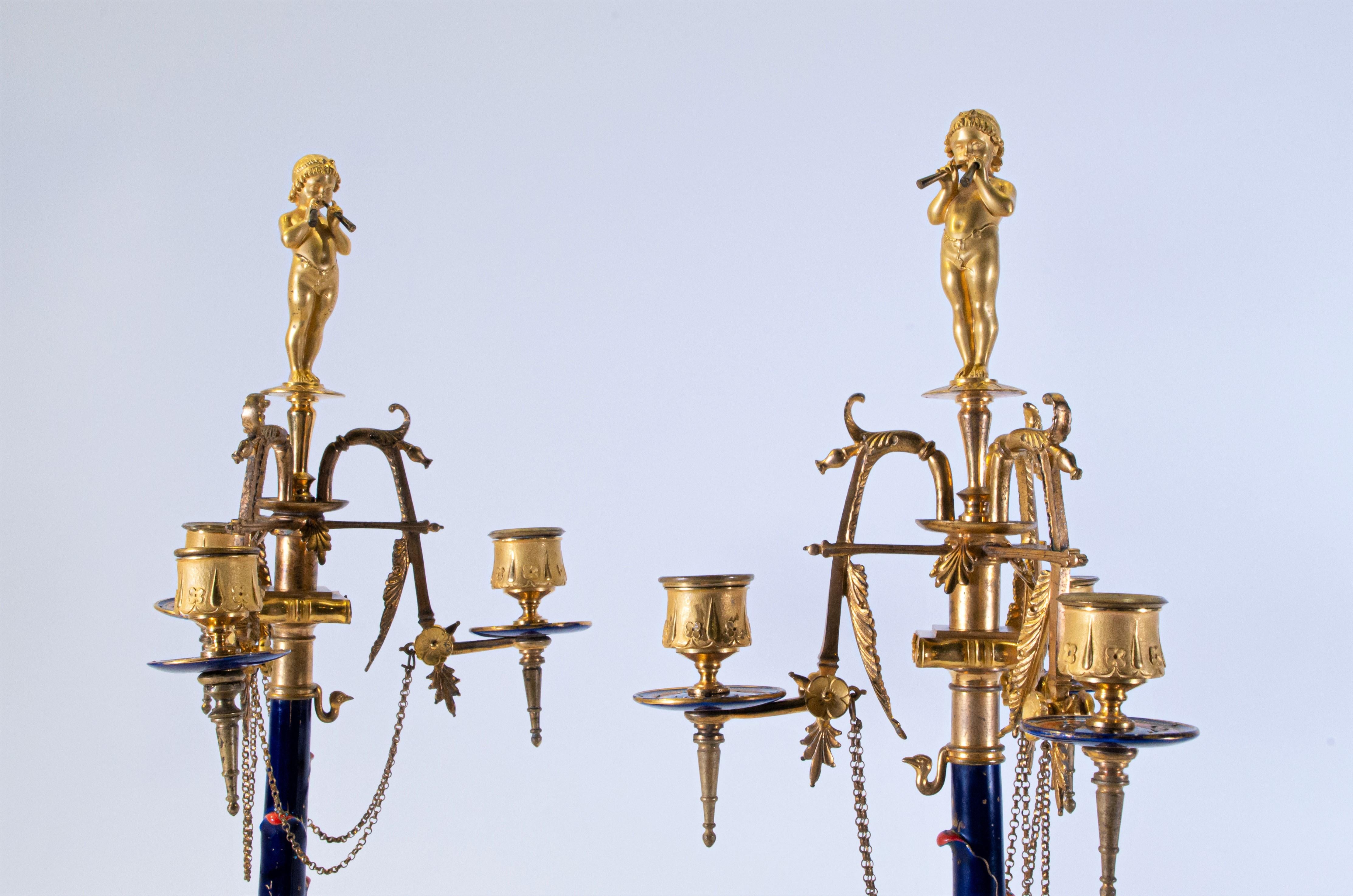 Pair of Neo-Grec Style 3-Arm Dore Bronze and Enamel Candelabras, F. Levillain In Good Condition For Sale In New York, NY