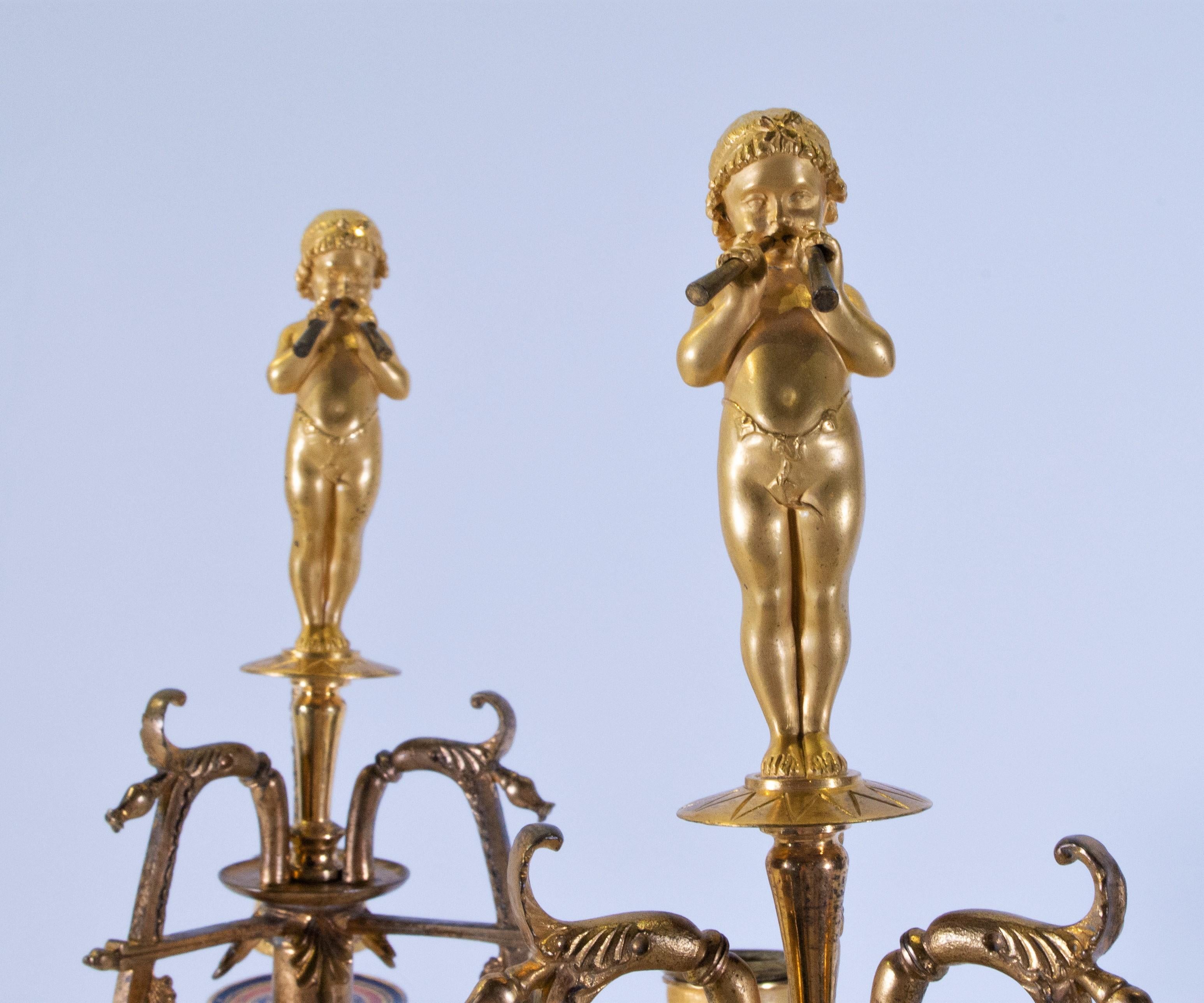 Late 19th Century Pair of Neo-Grec Style 3-Arm Dore Bronze and Enamel Candelabras, F. Levillain For Sale