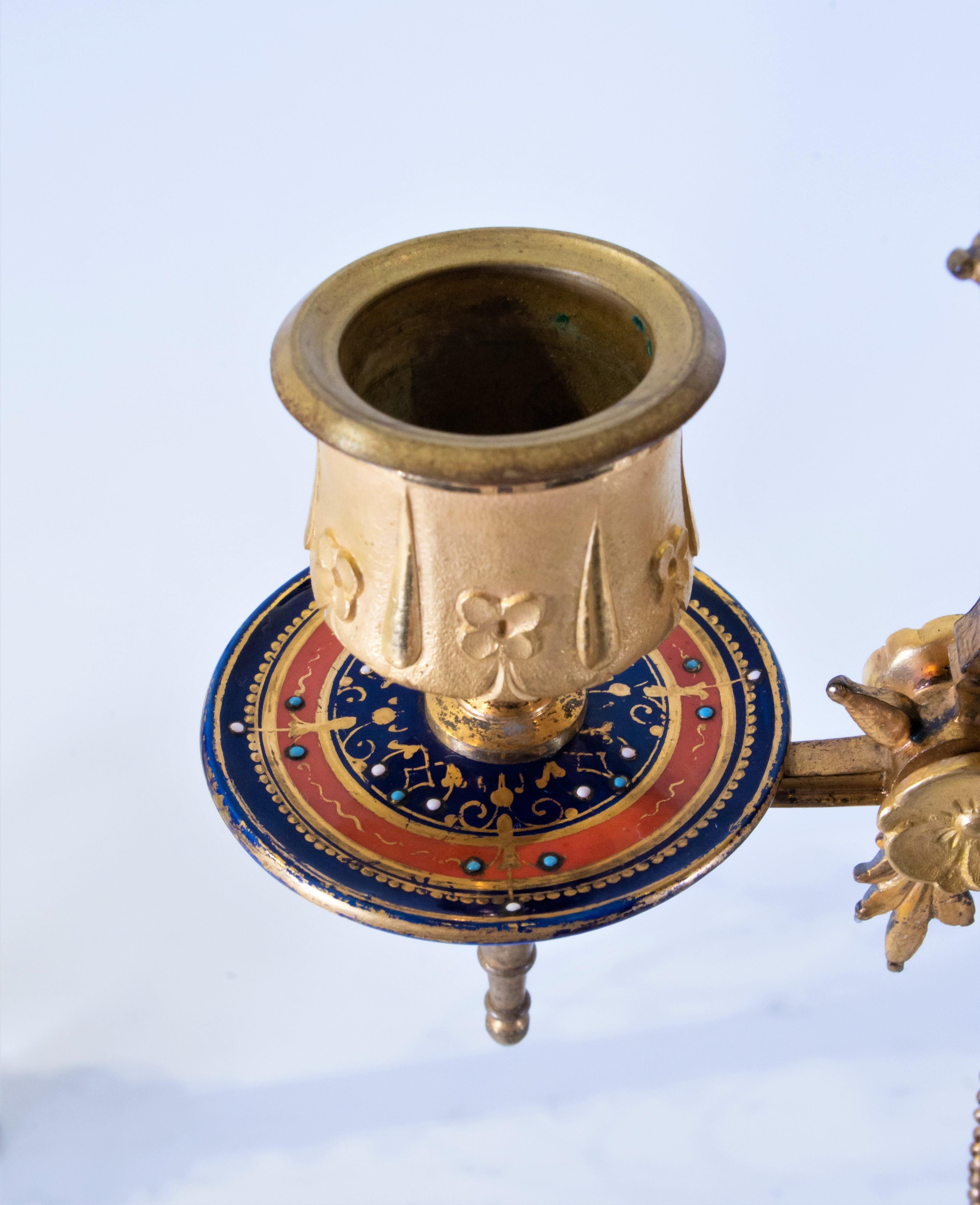 Pair of Neo-Grec Style 3-Arm Dore Bronze and Enamel Candelabras, F. Levillain For Sale 2