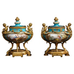 Pr. French Ormolu Mounted Sevres Celest Blue Jeweled Porcelain Vases, H. Picard
