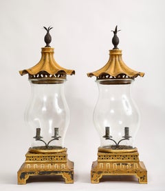 Pr. French Painted Tole & Curved Glass Hurricane Lamps, Chinoiserie Pagoda Form