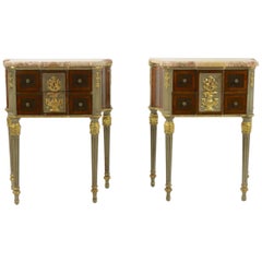 Antique Pair of French Parquetry Nightstands with Marble Tops