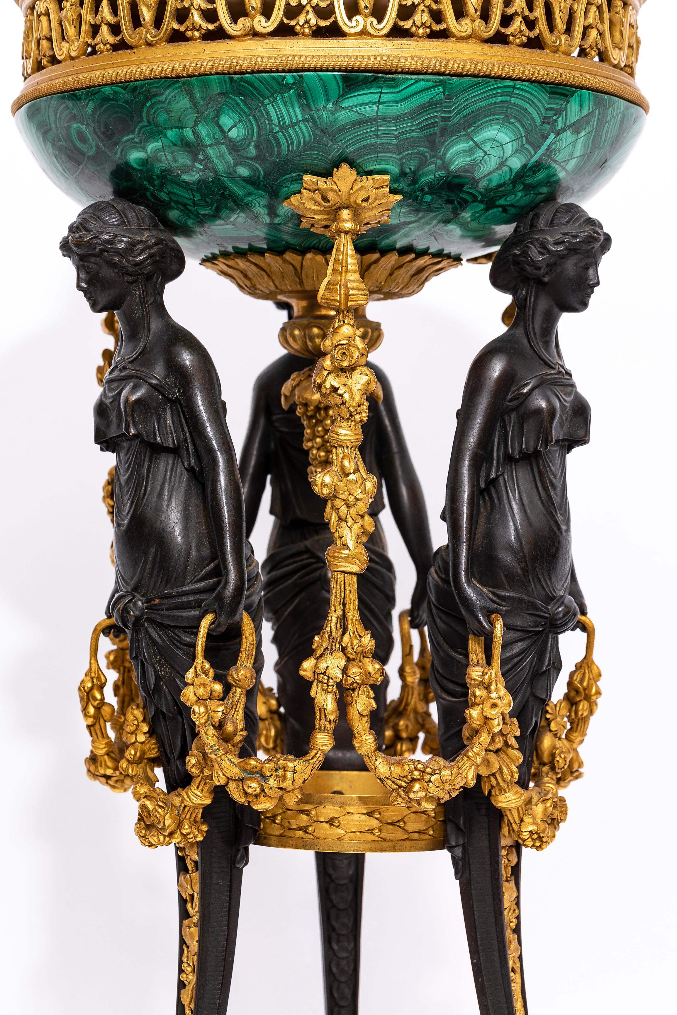 Bronzo Pr. Pentola figurata francese in malachite patinata e montata in ormolu  H. Dasson in vendita
