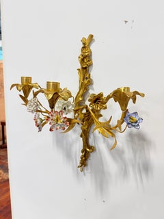 Pr, French Rococo Revival Gilt Bronze Sconces With Porcelain Flowers, 19th C