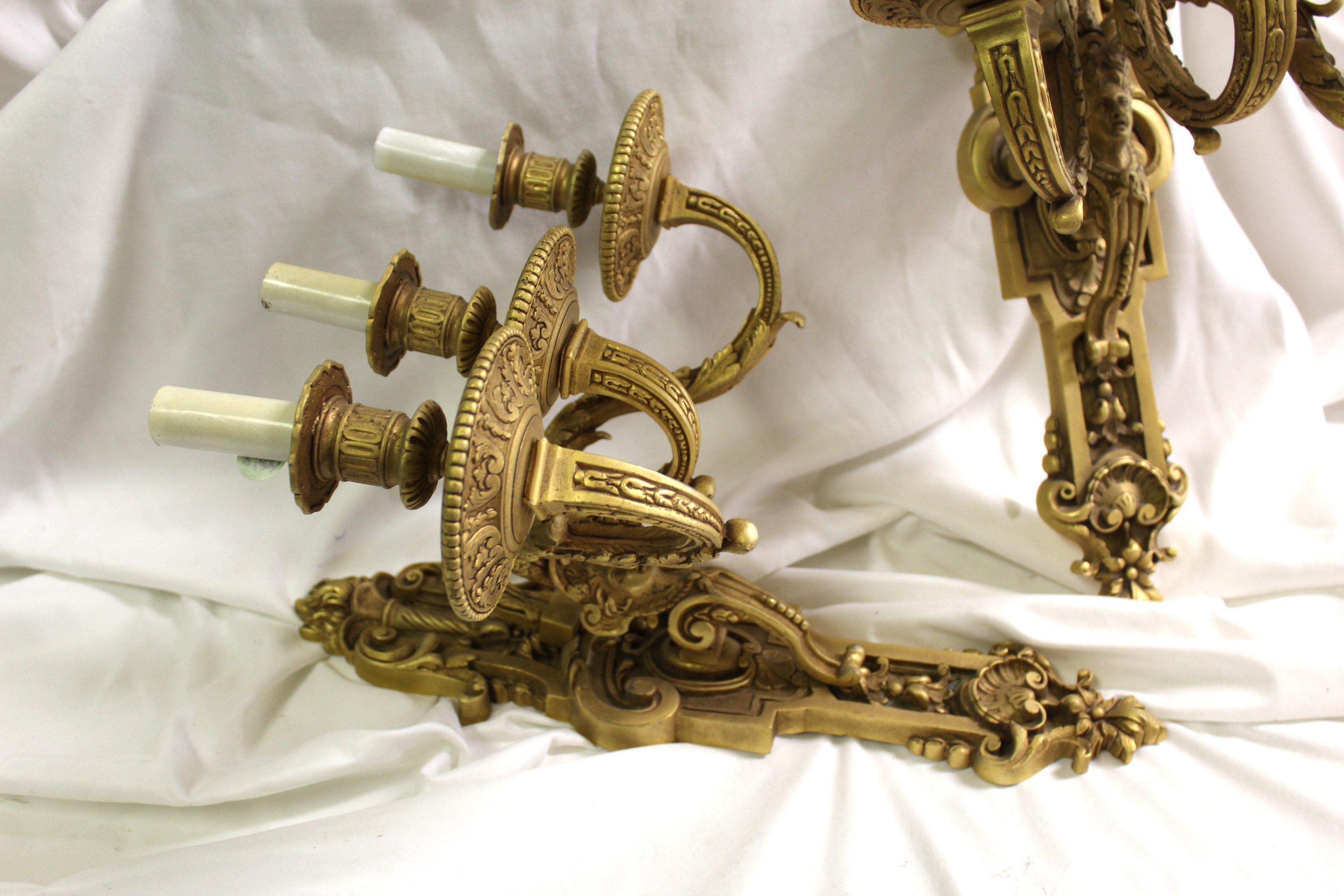 Late 20th Century Pr French Sconces, 3 arm  Gold Dore 