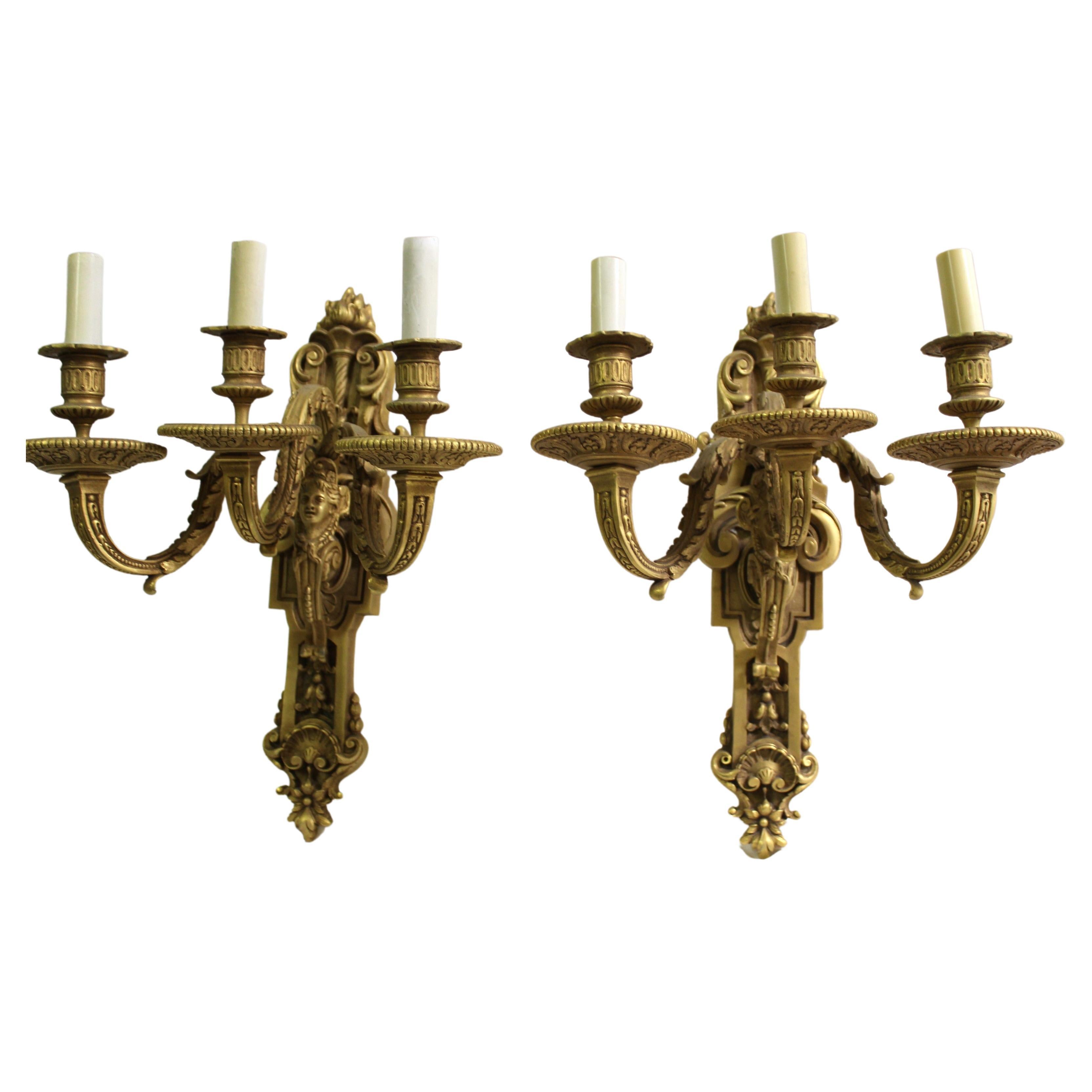 Pr French Sconces, 3 arm  Gold Dore "finish , Lady Faces For Sale