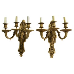 Pr French Sconces, 3 arm  Gold Dore "finish , Lady Faces
