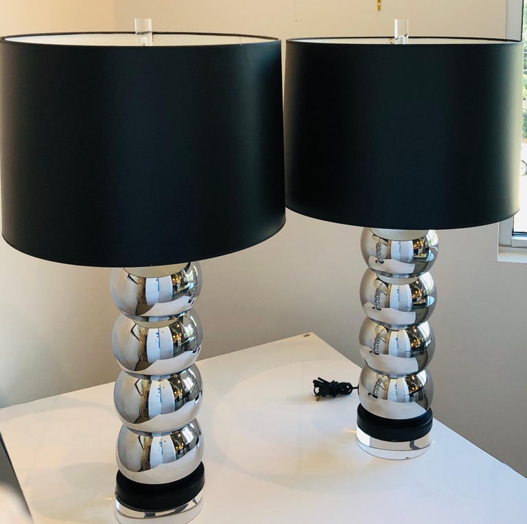 Pair of Kovacs Silver Chrome Plate Stacking Ball Table Lamps and Wood Base For Sale at