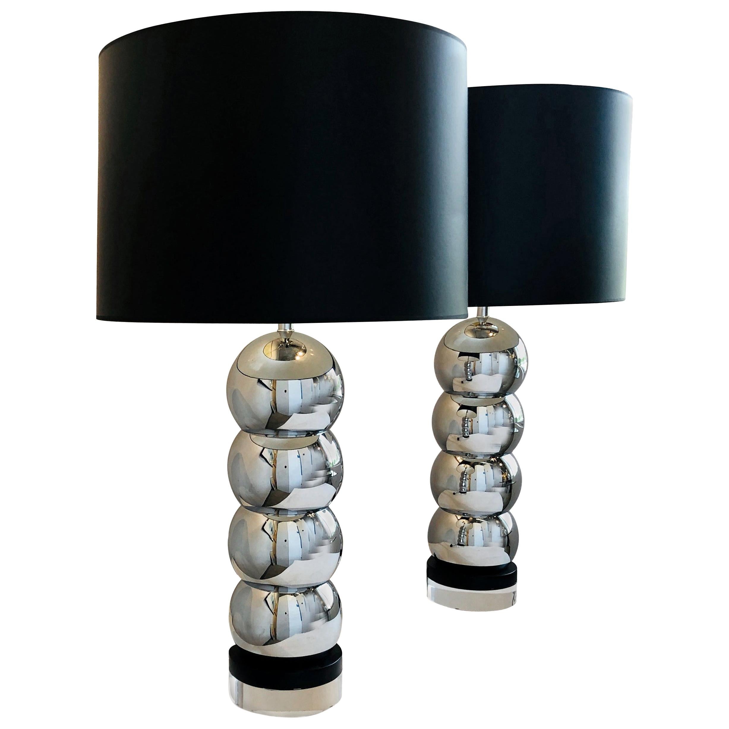 Pr George Kovacs Silver Chrome Plate Stacking Ball Table Lamps & Black Wood Base For Sale