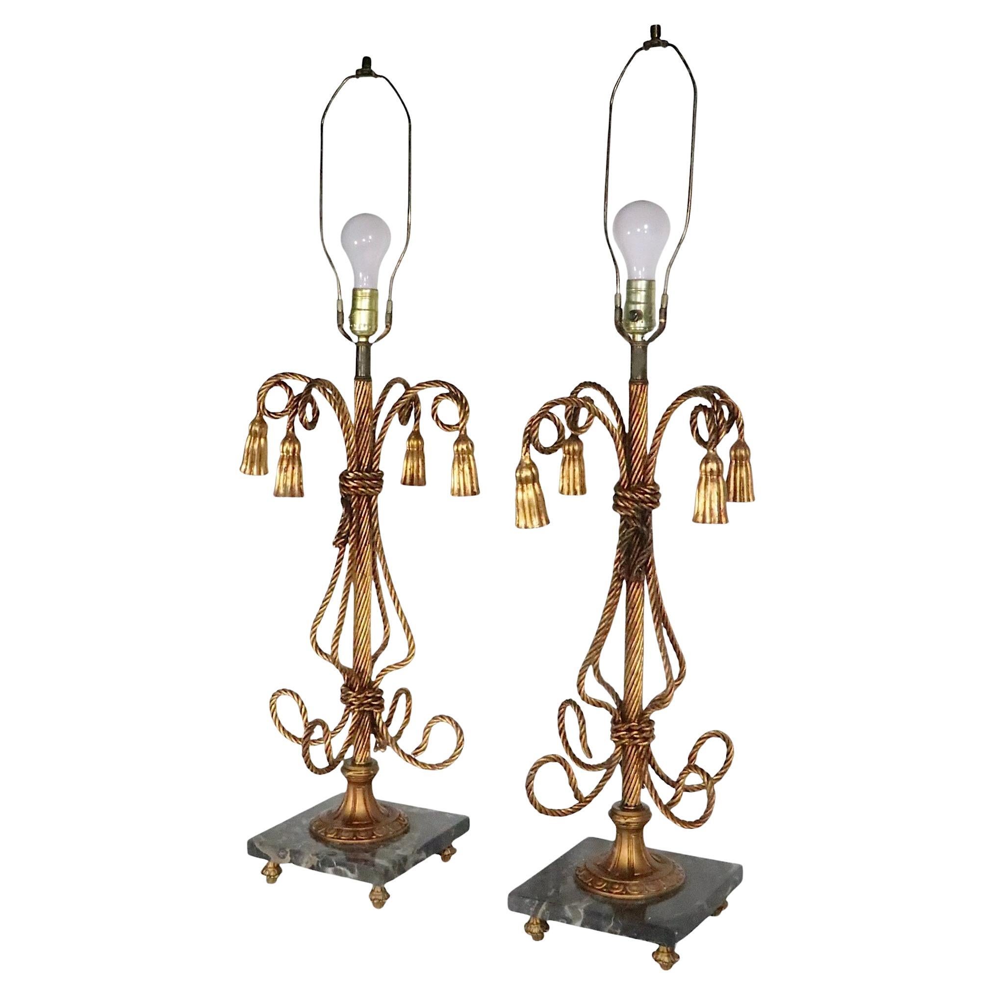 Pr. Gilt Metal Rope and Tassel Table Lamps Made in Italy c. 1950's