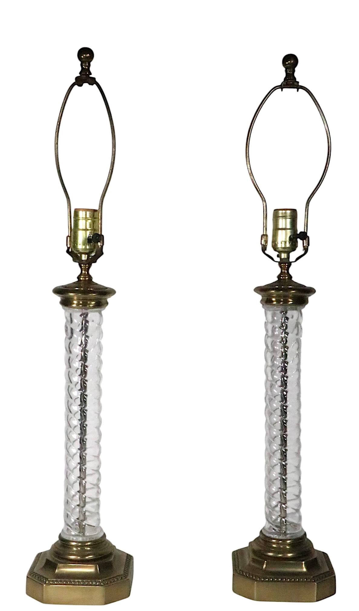 Pr. Glass and Brass Twisted Column Lamps by Paul Hanson For Sale 3