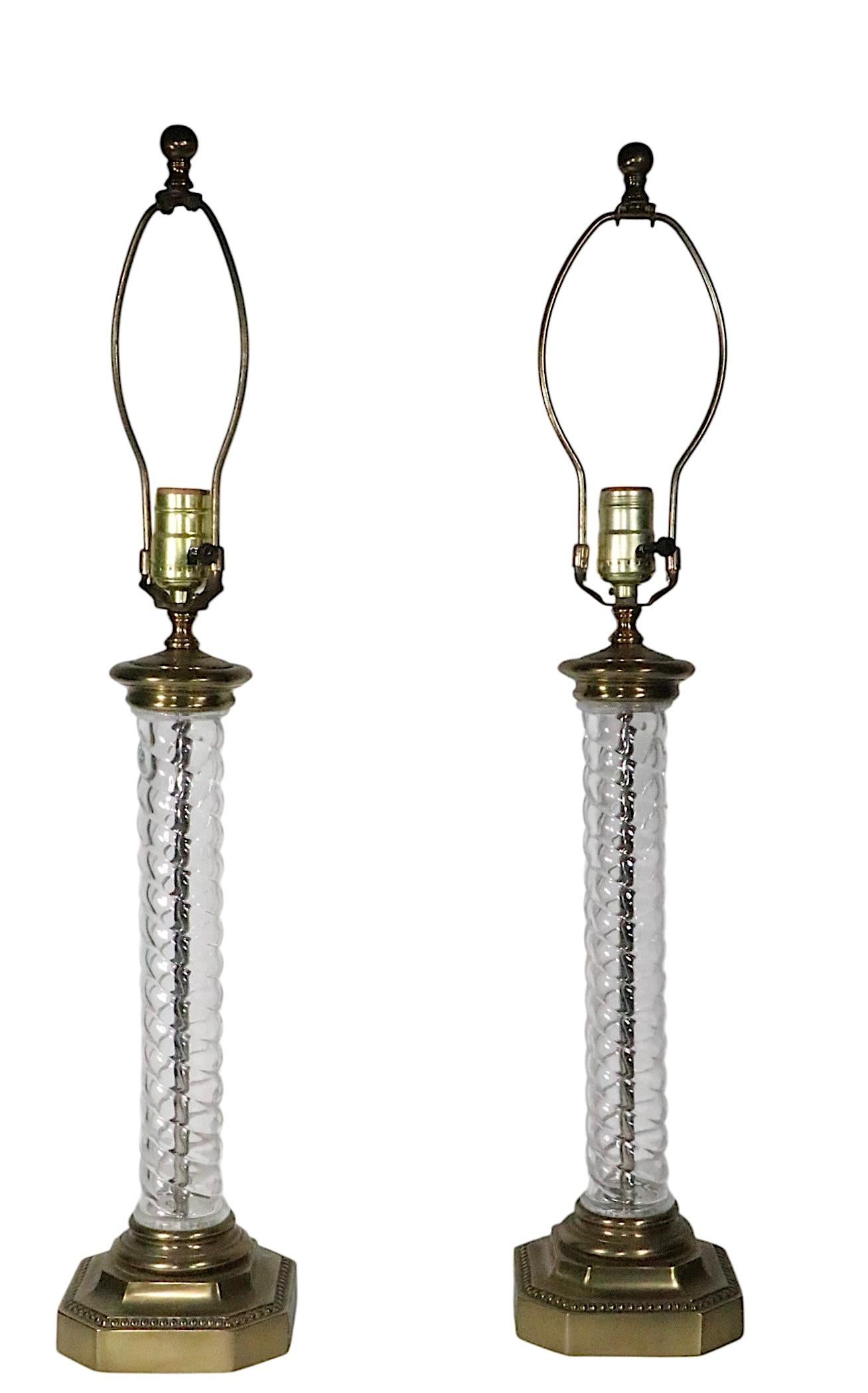 Pr. Glass and Brass Twisted Column Lamps by Paul Hanson For Sale 5