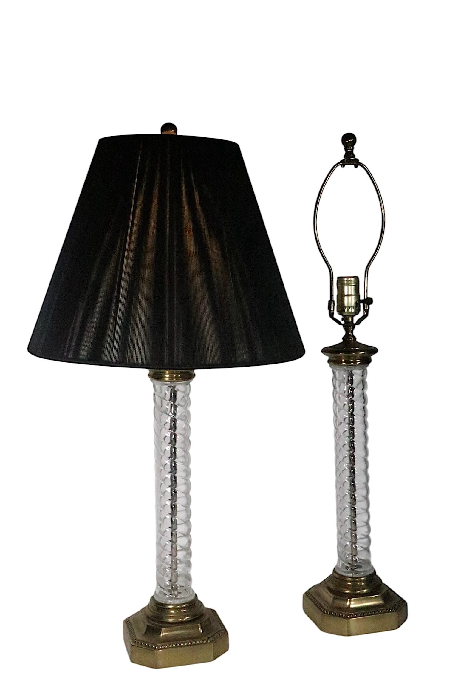 Pr. Glass and Brass Twisted Column Lamps by Paul Hanson For Sale 6