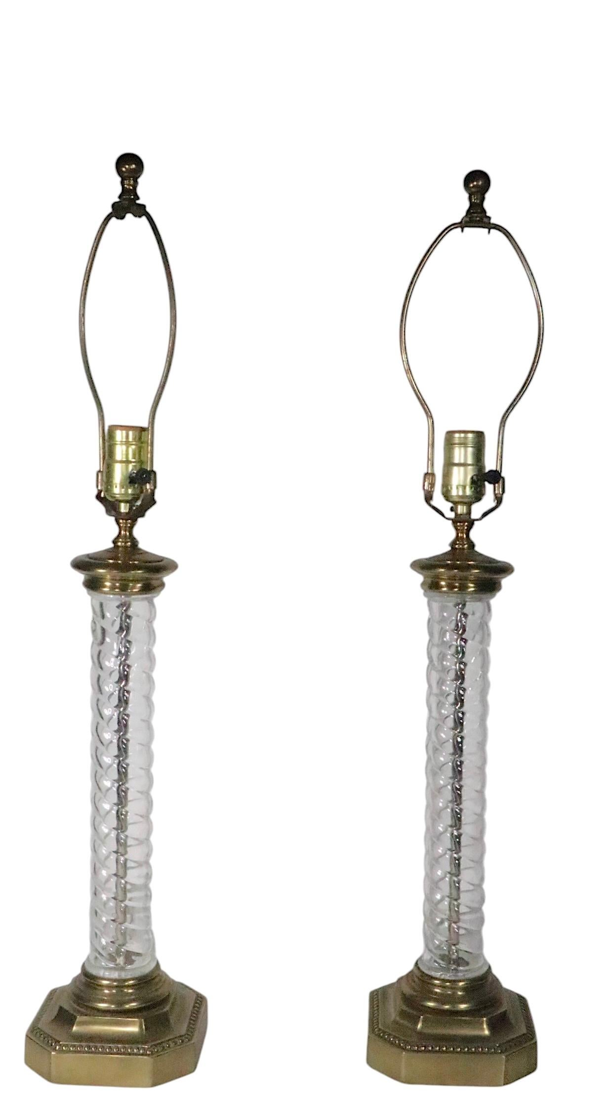 Hollywood Regency Pr. Glass and Brass Twisted Column Lamps by Paul Hanson For Sale
