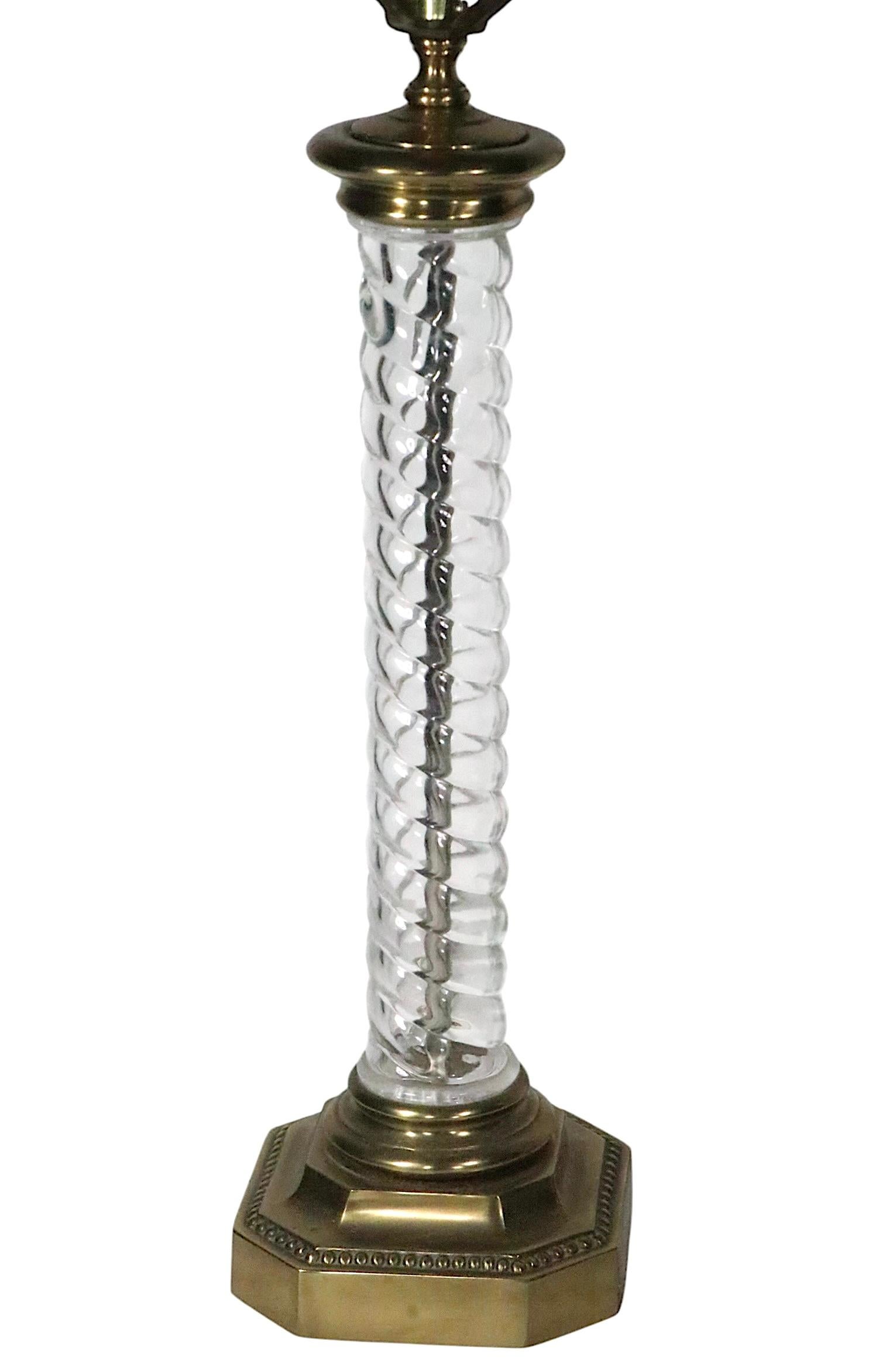 American Pr. Glass and Brass Twisted Column Lamps by Paul Hanson For Sale
