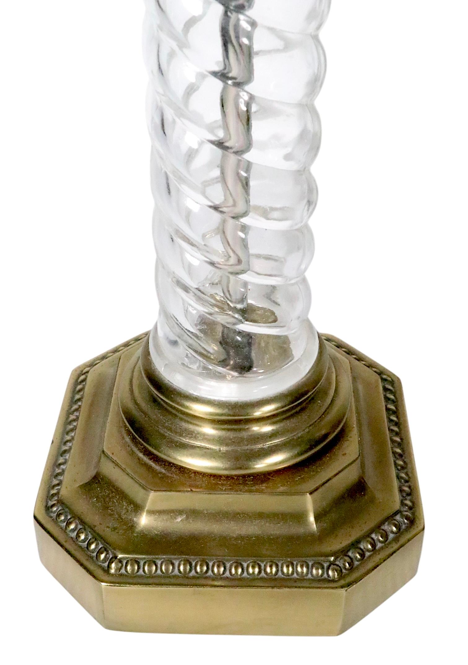 Pr. Glass and Brass Twisted Column Lamps by Paul Hanson In Good Condition For Sale In New York, NY